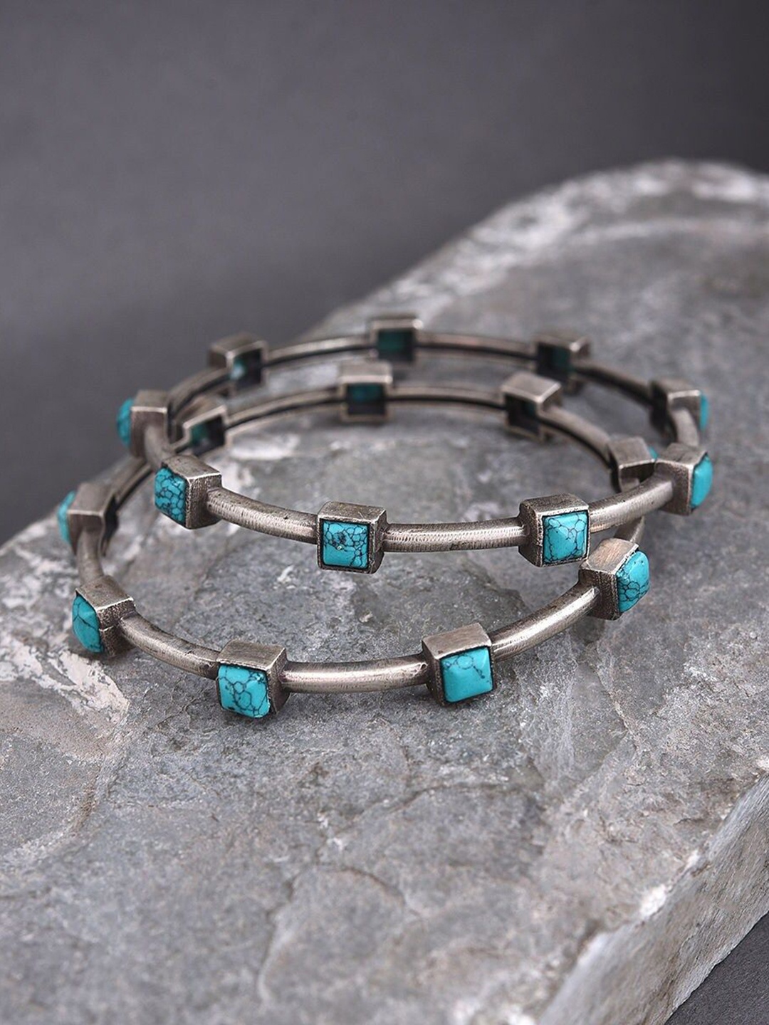 

JAYPORE Set Of 2 Pure Silver Turquoise Studded Oxidised Bangles