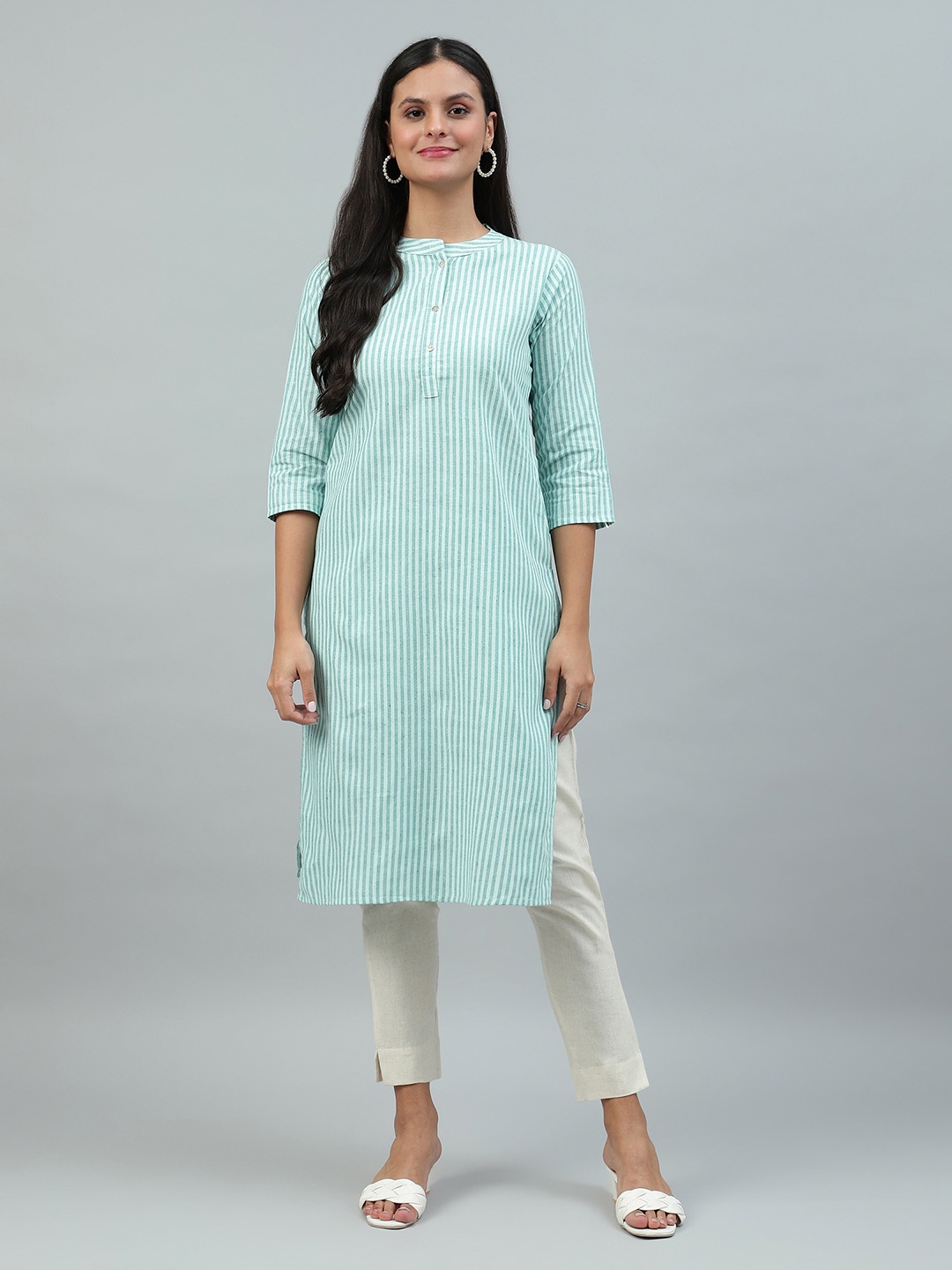 

FLAMBOYANT Mandarin Collar Pure Cotton Straight Kurta, Green