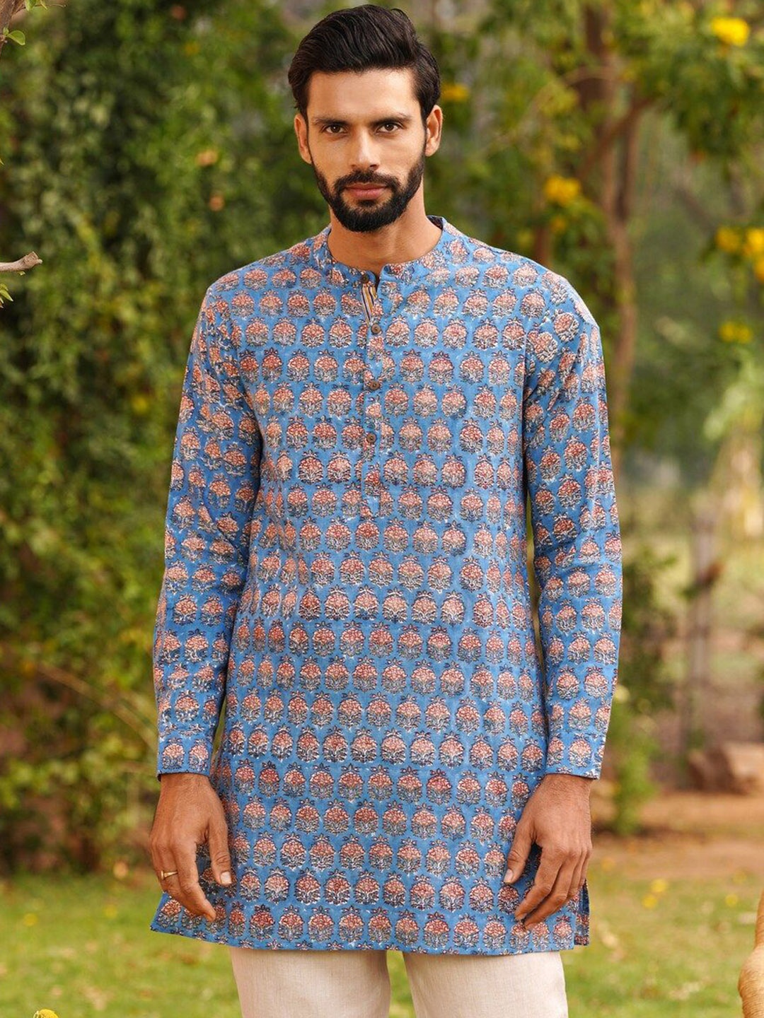

JAYPORE Floral Printed Band Collar Pure Cotton Straight Kurta, Blue