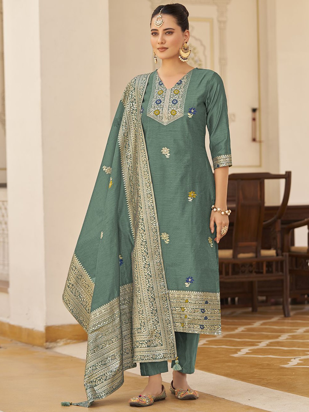 

KALINI Floral Woven Design Jacquard Straight Kurta With Trousers & Dupatta, Teal