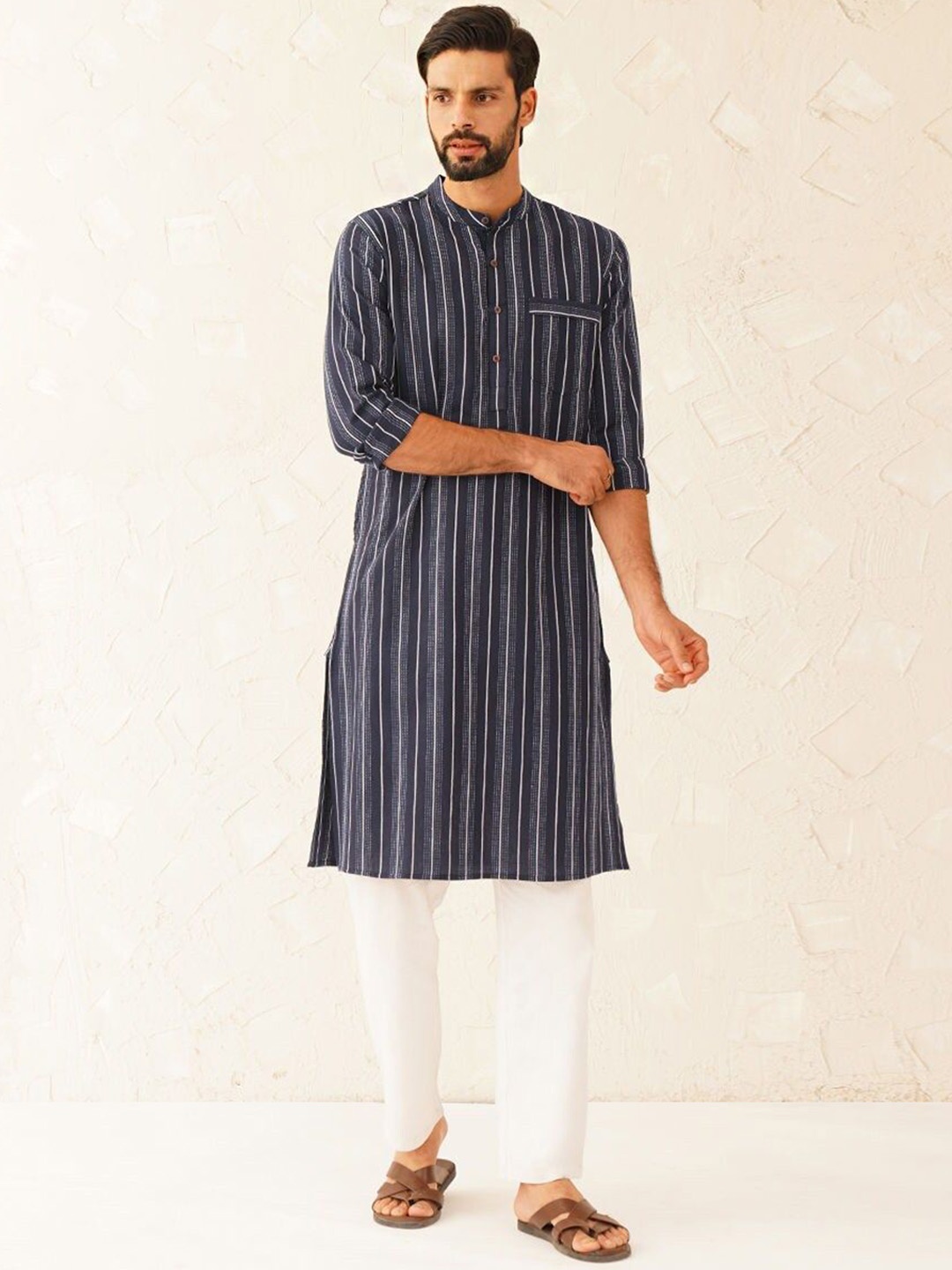 

JAYPORE Striped Band Collar Pure Cotton Straight Kurta, Black