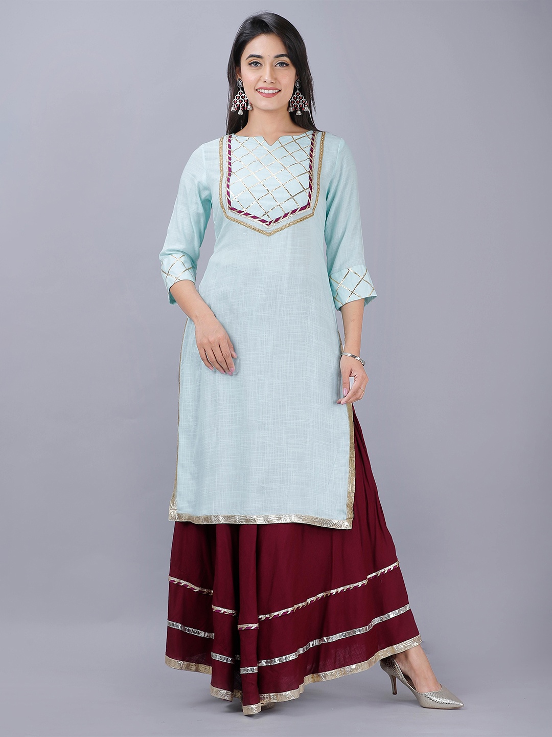

Sajke Geometric Yoke Design Gotta Patti Straight Kurta With Palazzo, Blue