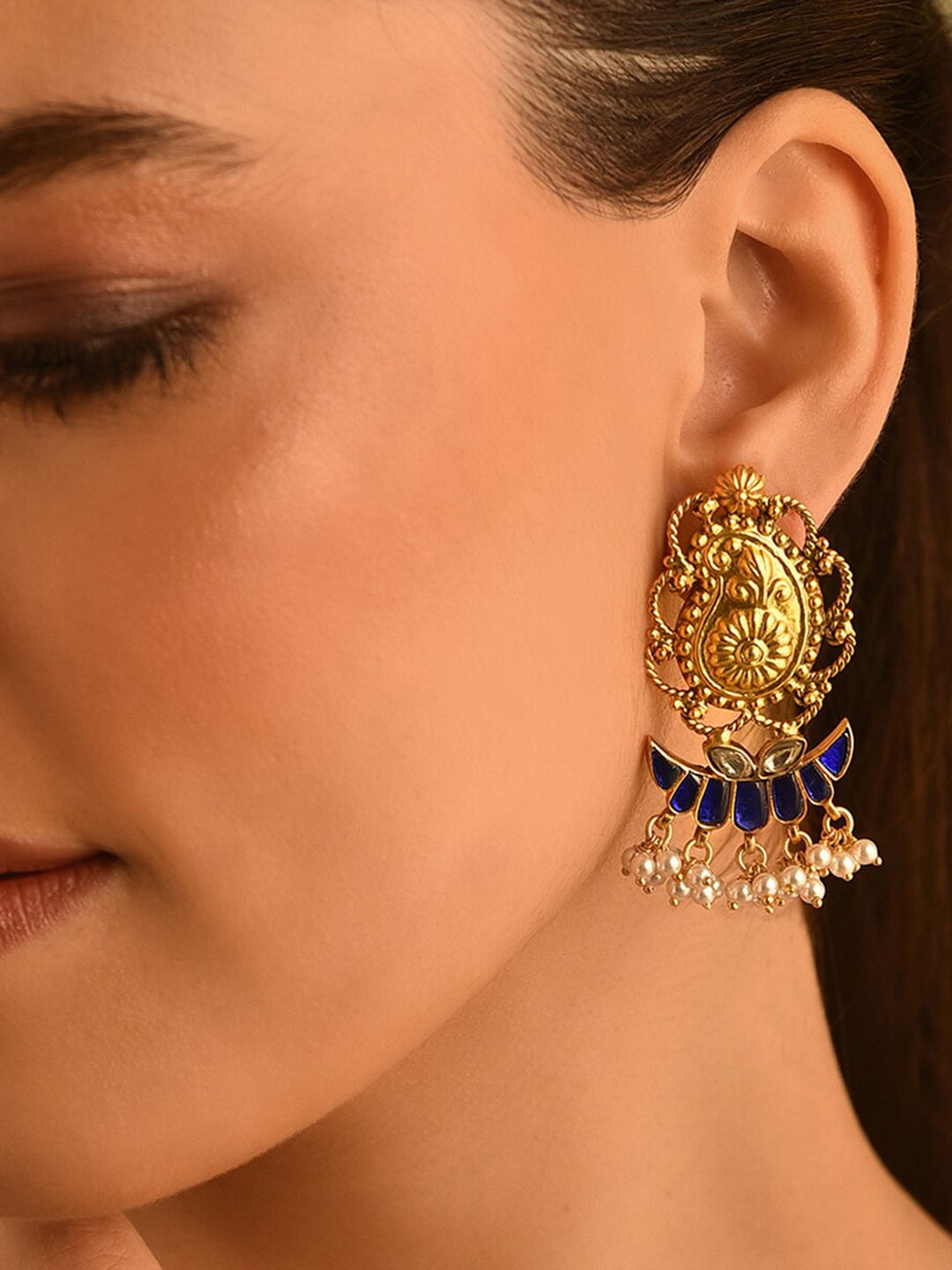 

JAYPORE Contemporary Silver Kundan Studded Drop Earrings, Gold