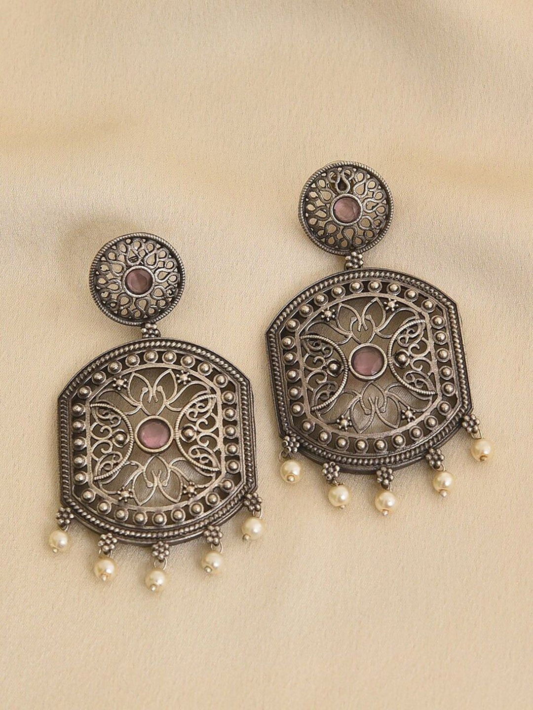 

JAYPORE Contemporary Stone Studded & Beaded Drop Earrings, Silver