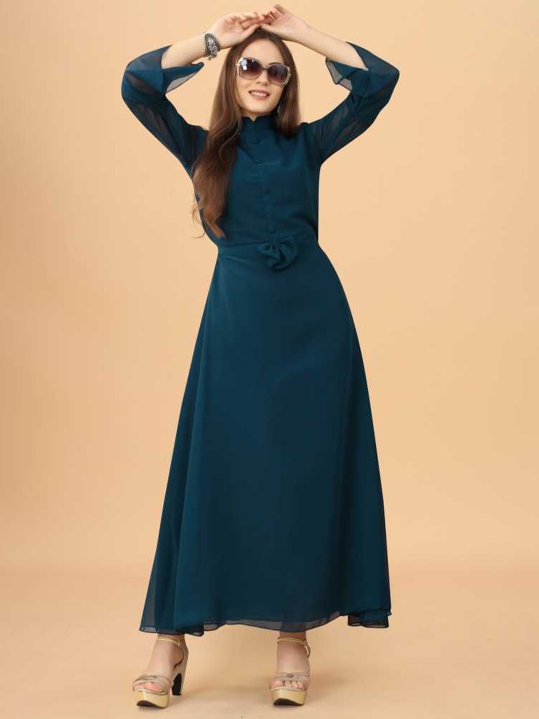 

Krunal Raiyani Belll Sleeve Georgette A-Line Maxi, Teal