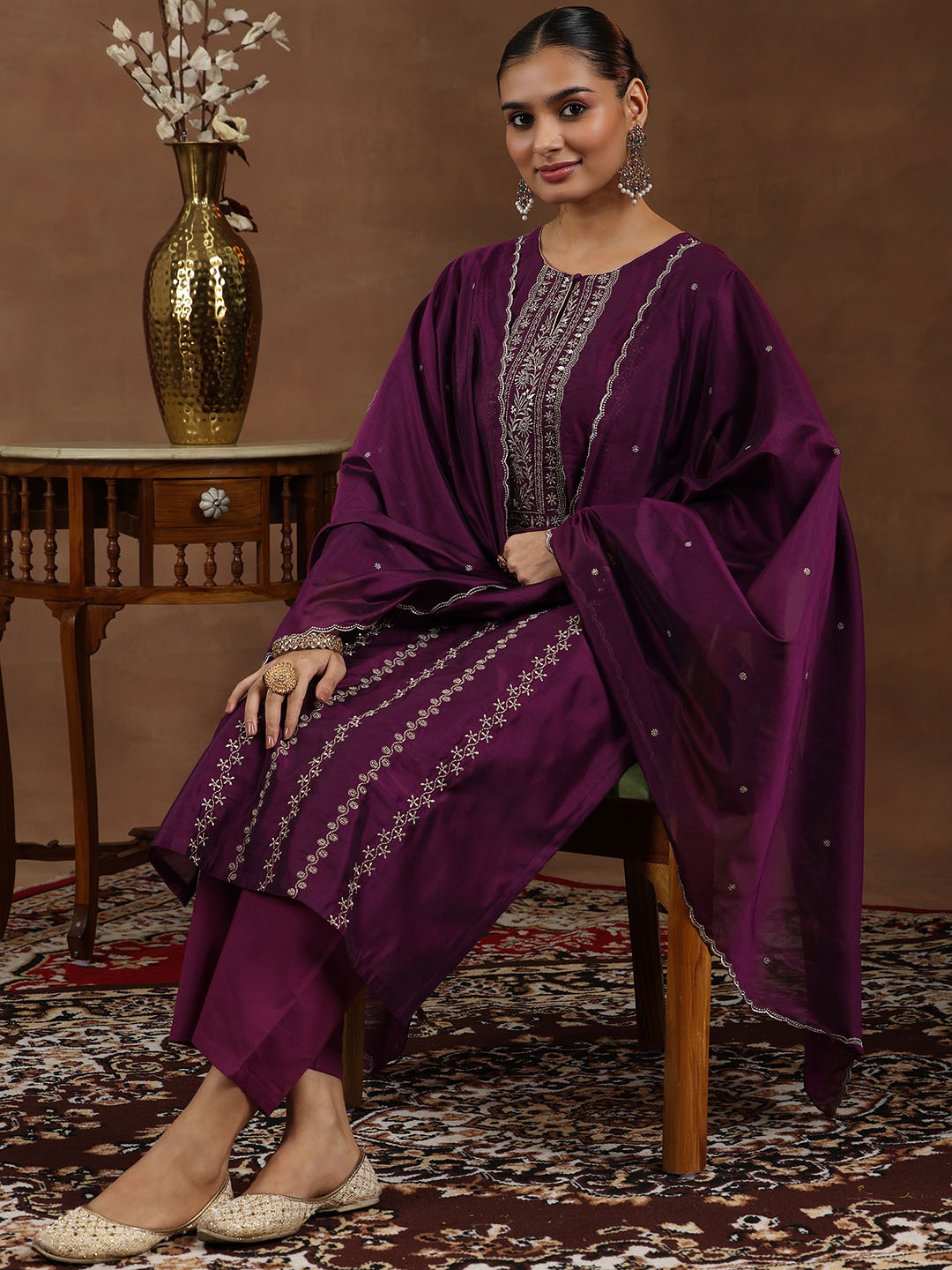 

Libas Floral Embroidered Keyhole Neck Chanderi Silk Straight Kurta With Trousers & Dupatta, Burgundy