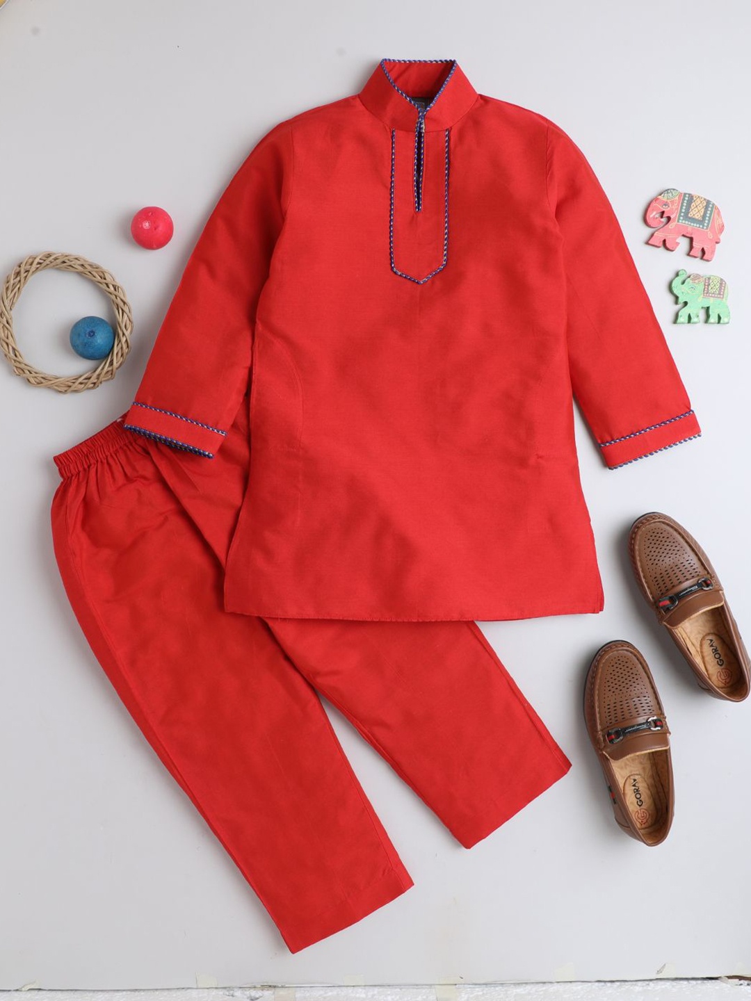 

BAESD Boys Mandarin Collar Regular Straight Kurta with Pyjamas, Red