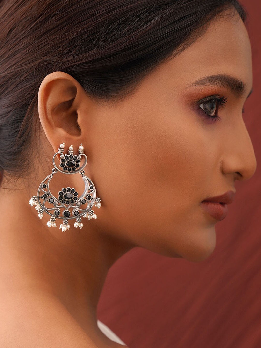 

JAYPORE Oxidised Stone Studded & Beaded Drop Earrings, Silver