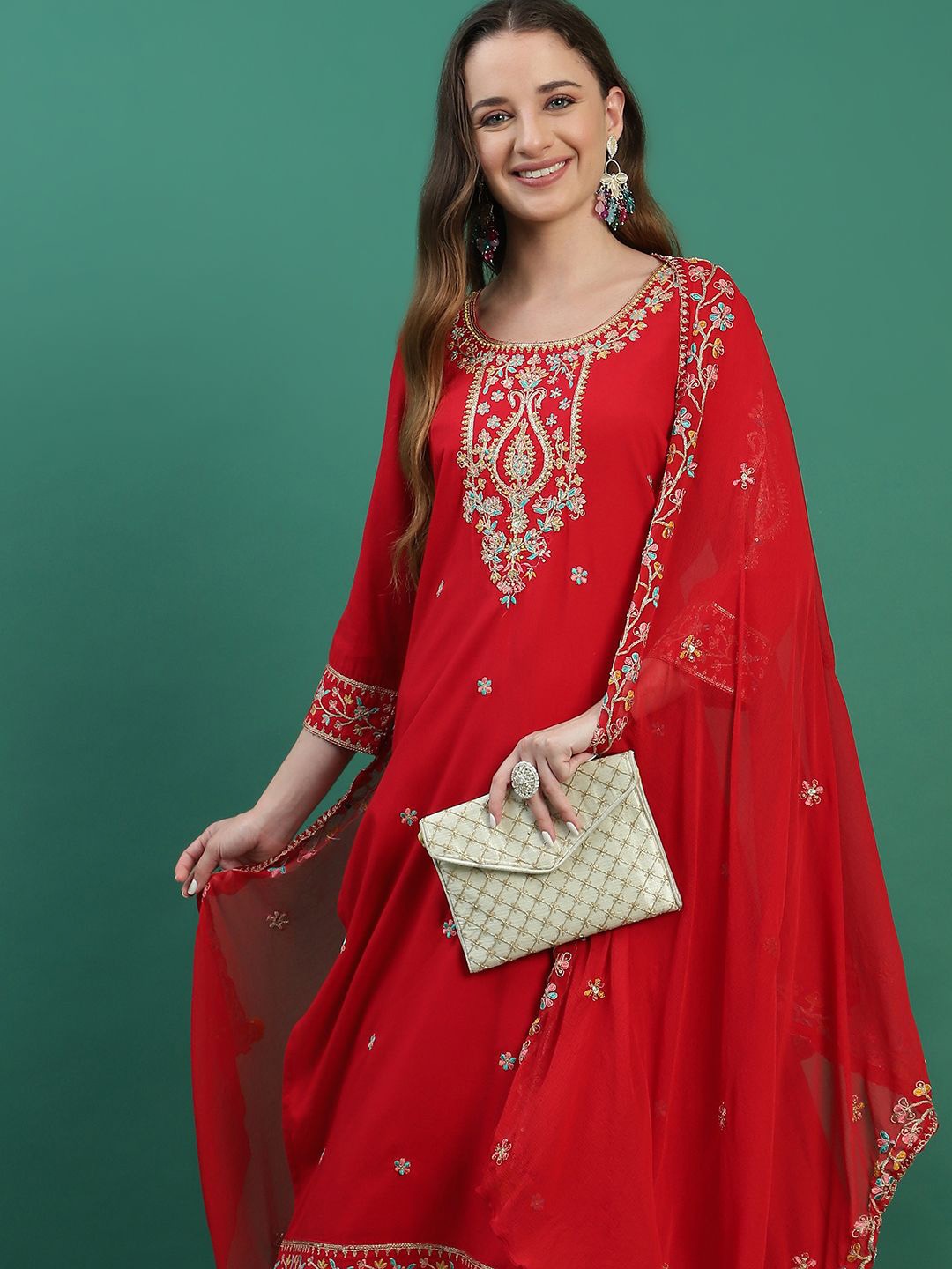 

Sangria Red Floral Embroidered Zari Straight Kurta With Palazzos & Dupatta