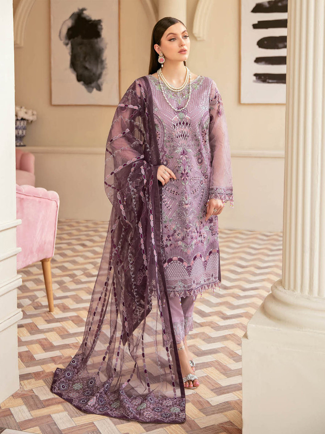 

Aika Ethnic Motifs Embroidered Fox Georgette Semi Stitched Kurta with Trouser & Dupatta, Purple