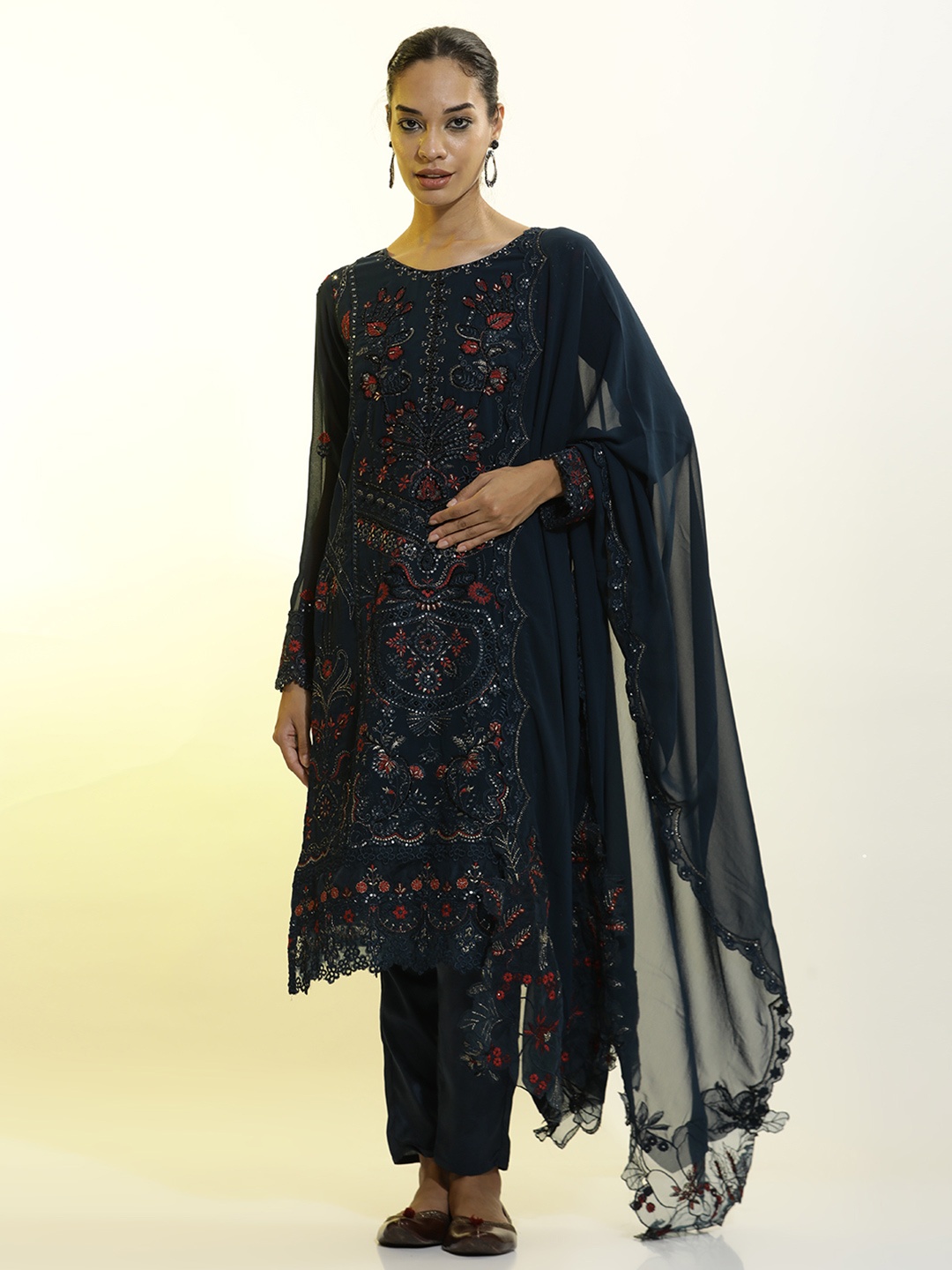 

Jaipur Kurti Festive Embroidered Georgette Kurta Set With Dupatta, Blue