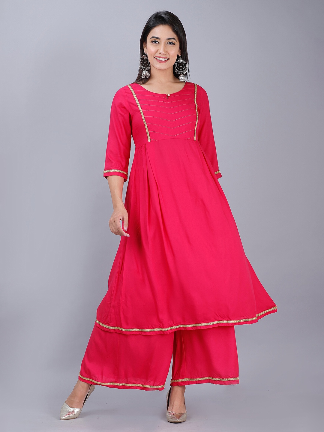 

Sajke Gotta Patti Pure Cotton Anarkali Kurta with Palazzos, Pink