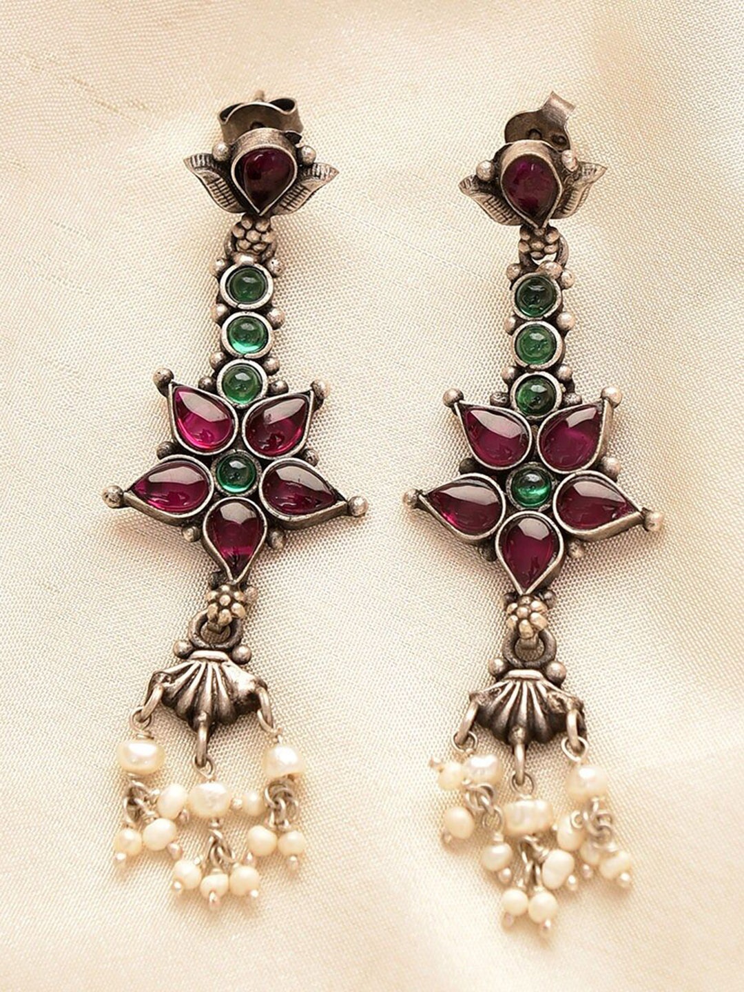 

JAYPORE Silver Stone Studded Contemporary Drop Earrings