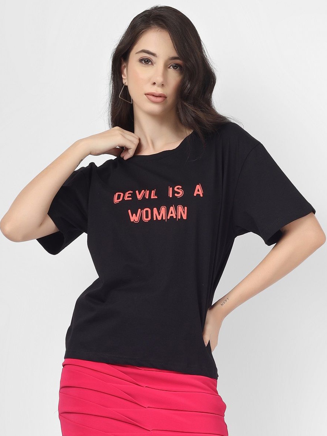 

FILLY Women Typography Printed Round Neck Cotton Oversized T-shirt, Black