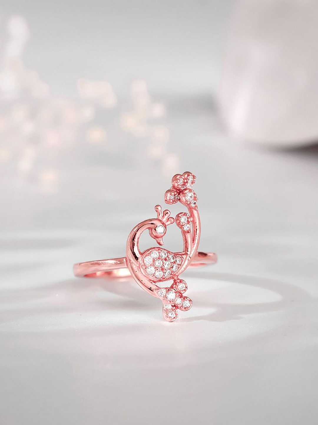 

GIVA 925 Sterling Silver Rose Gold-Plated Stone Studded Adjustable Finger Ring