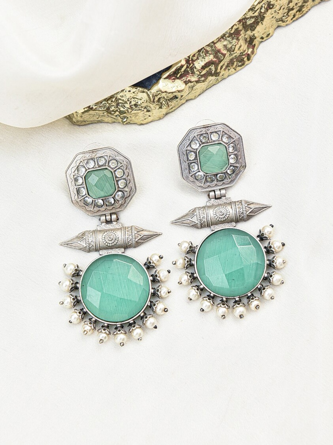

JAYPORE Oxidised Stone Studded & Beaded Drop Earrings, Silver