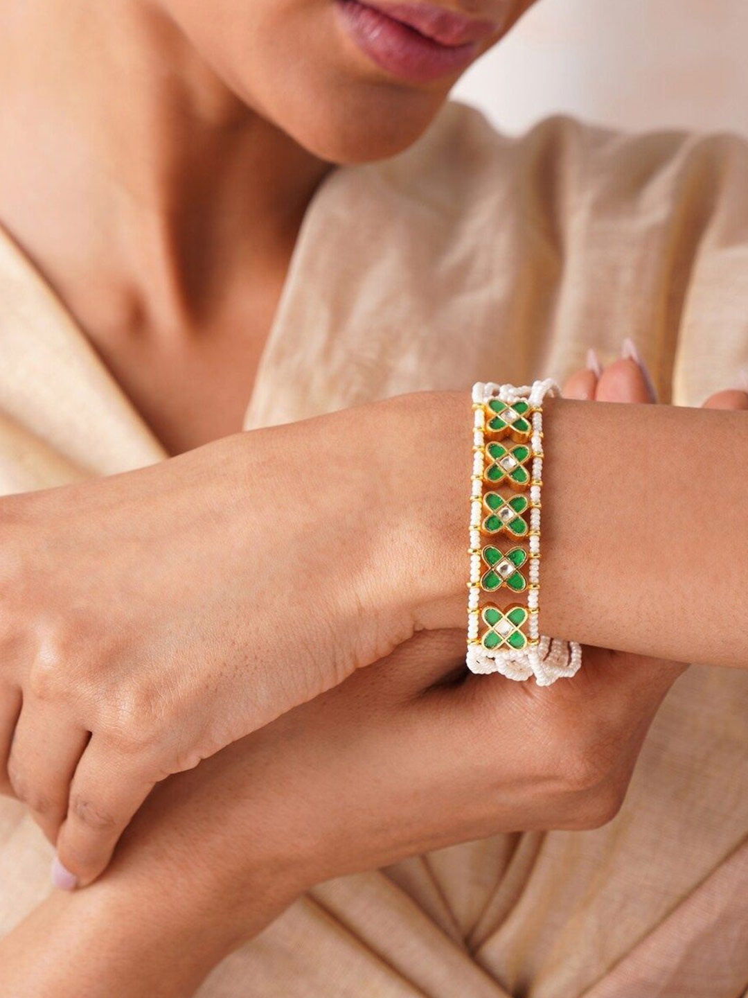 

JAYPORE Gold-Plated Stone Studded & Beaded Wraparound Bracelet