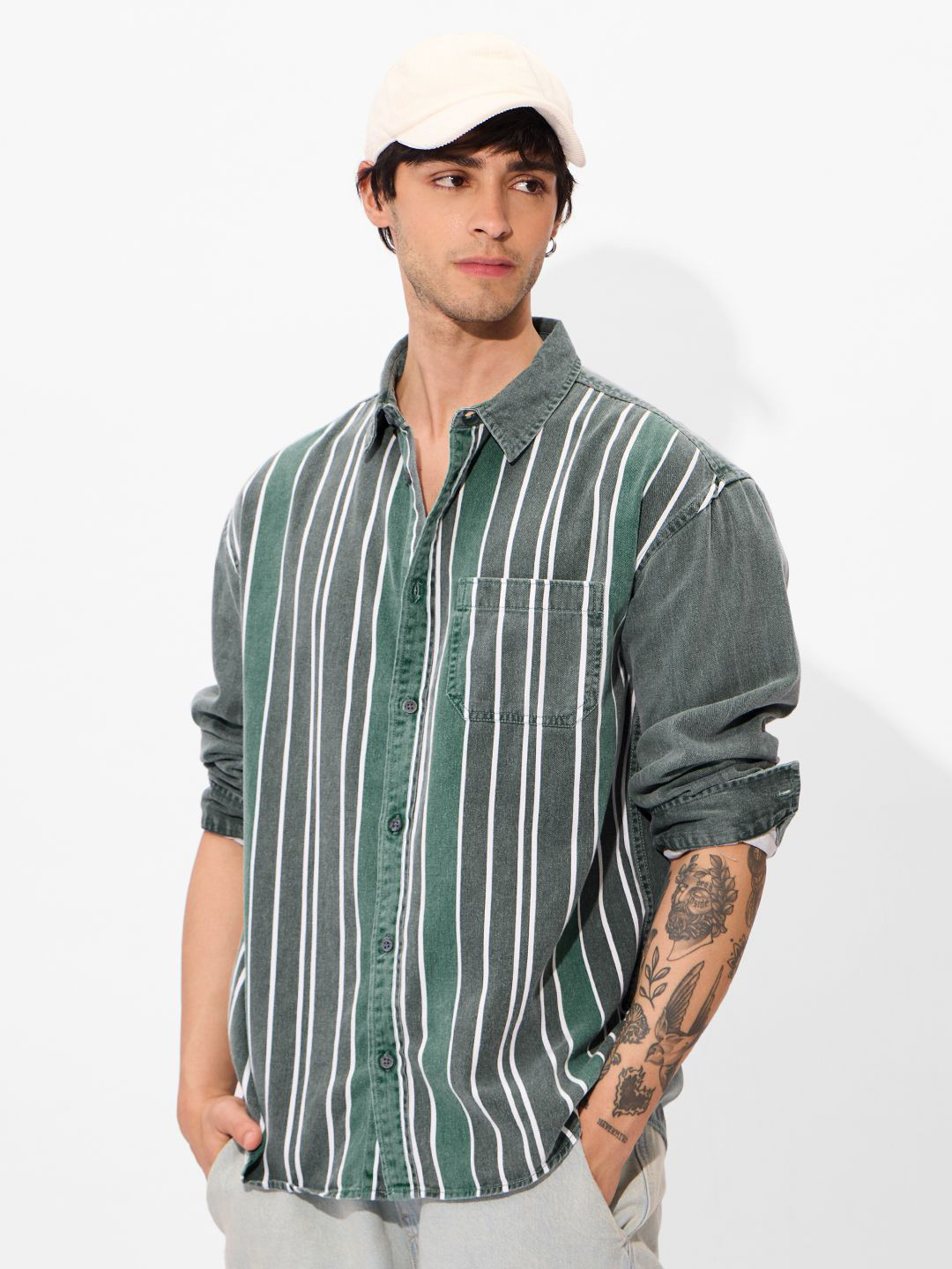 

The Souled Store Men Spread Collar Vertical Striped Cotton Casual Shirt, Grey