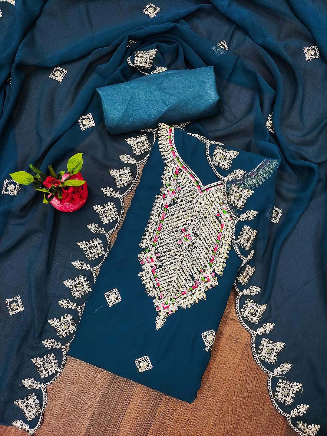 

Maroosh Ethnic Motifs Embellished Zari Silk Georgette Unstitched Dress Material, Teal