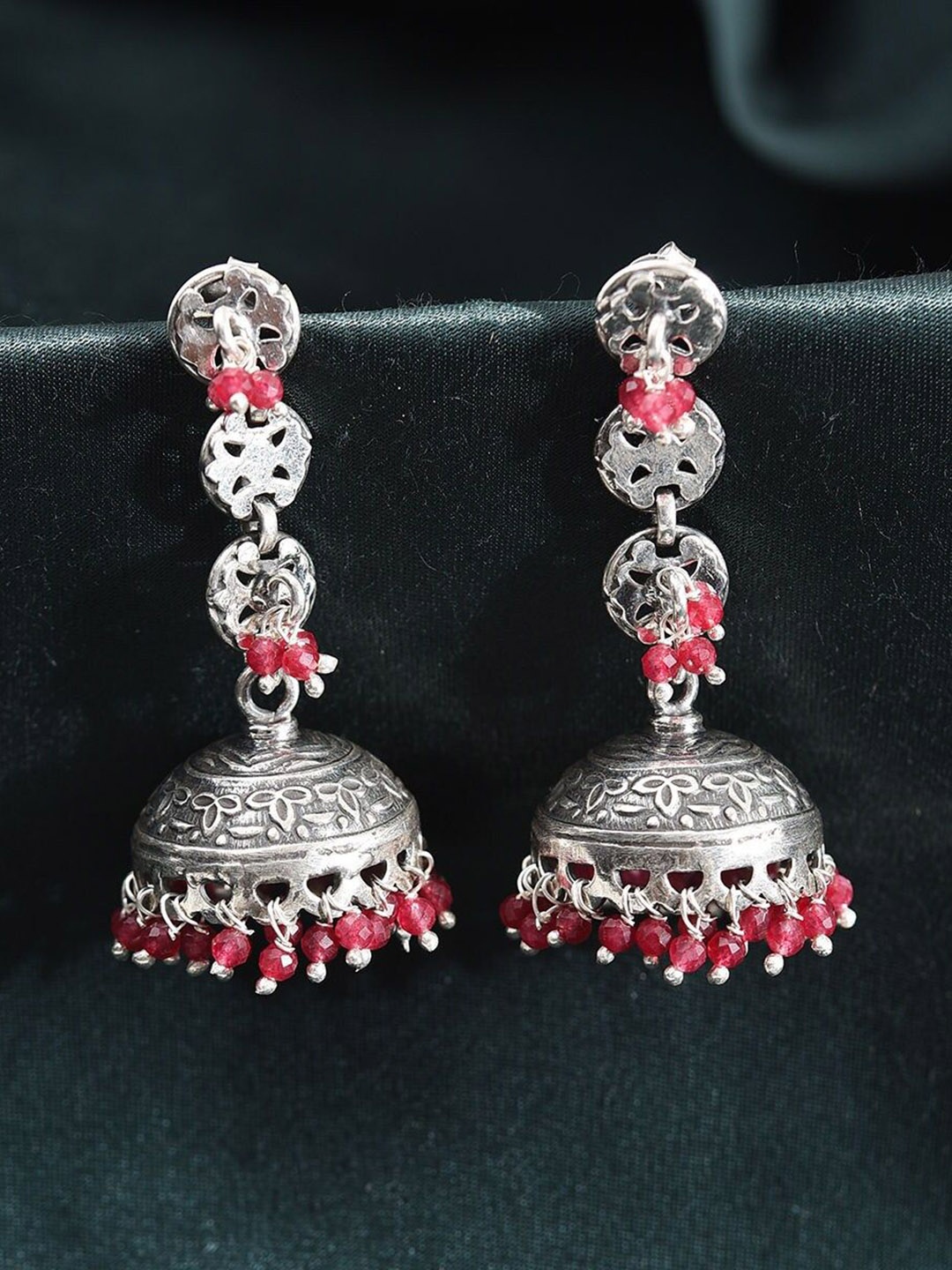 

JAYPORE Pure Silver Turquoise Studded Dome Shaped Jhumkas