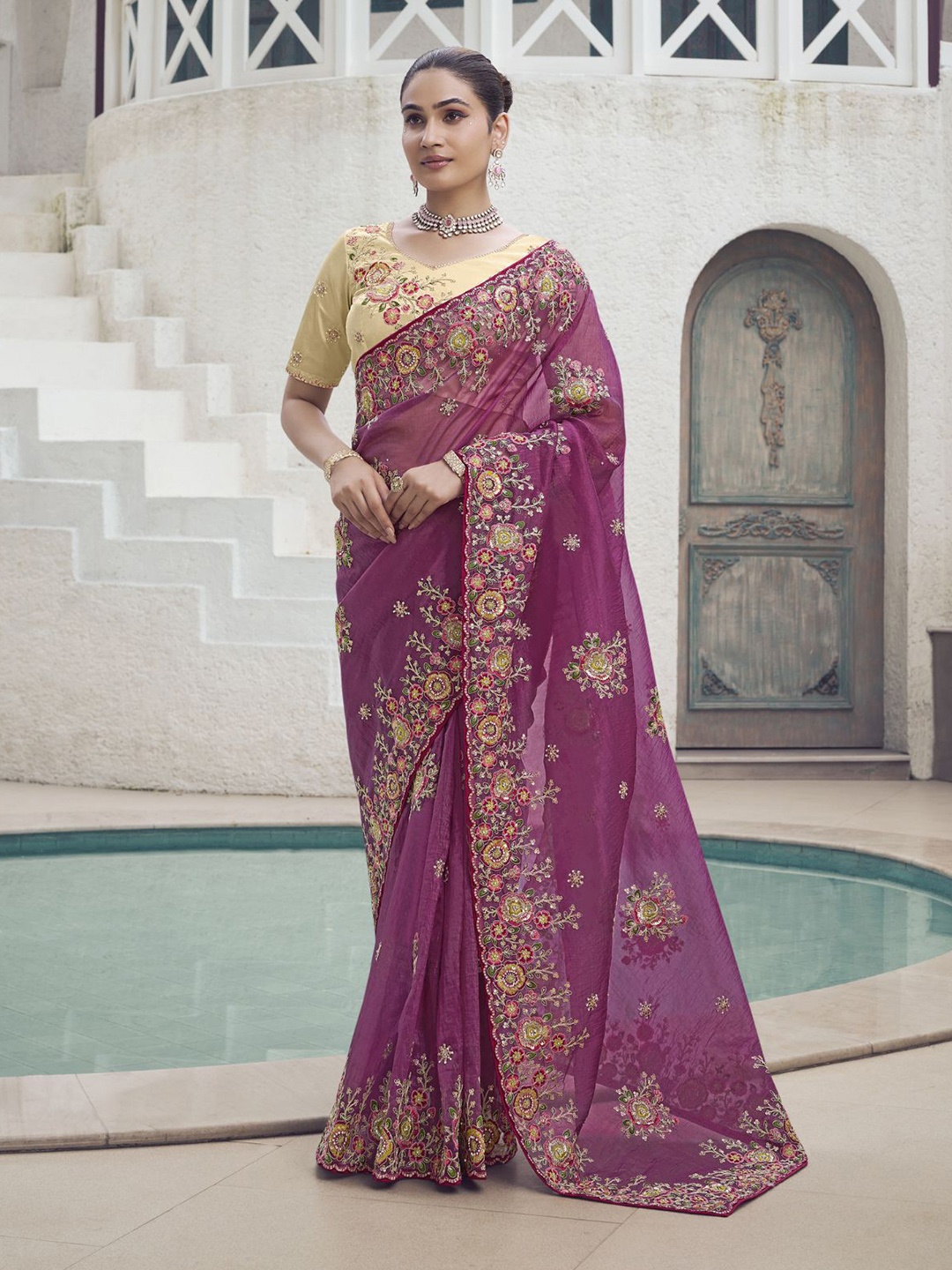 

ODETTE Embroidered Organza Saree, Purple