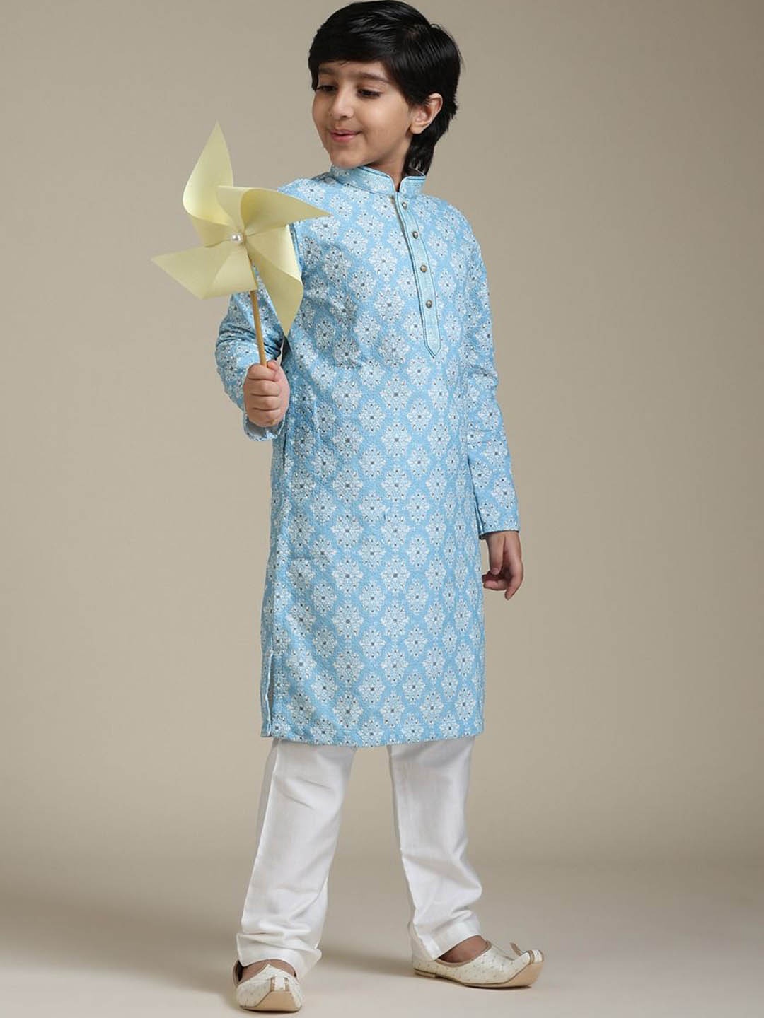 

Manyavar Boys Floral Printed Regular Chikankari Straight Kurta with Pyjamas, Blue