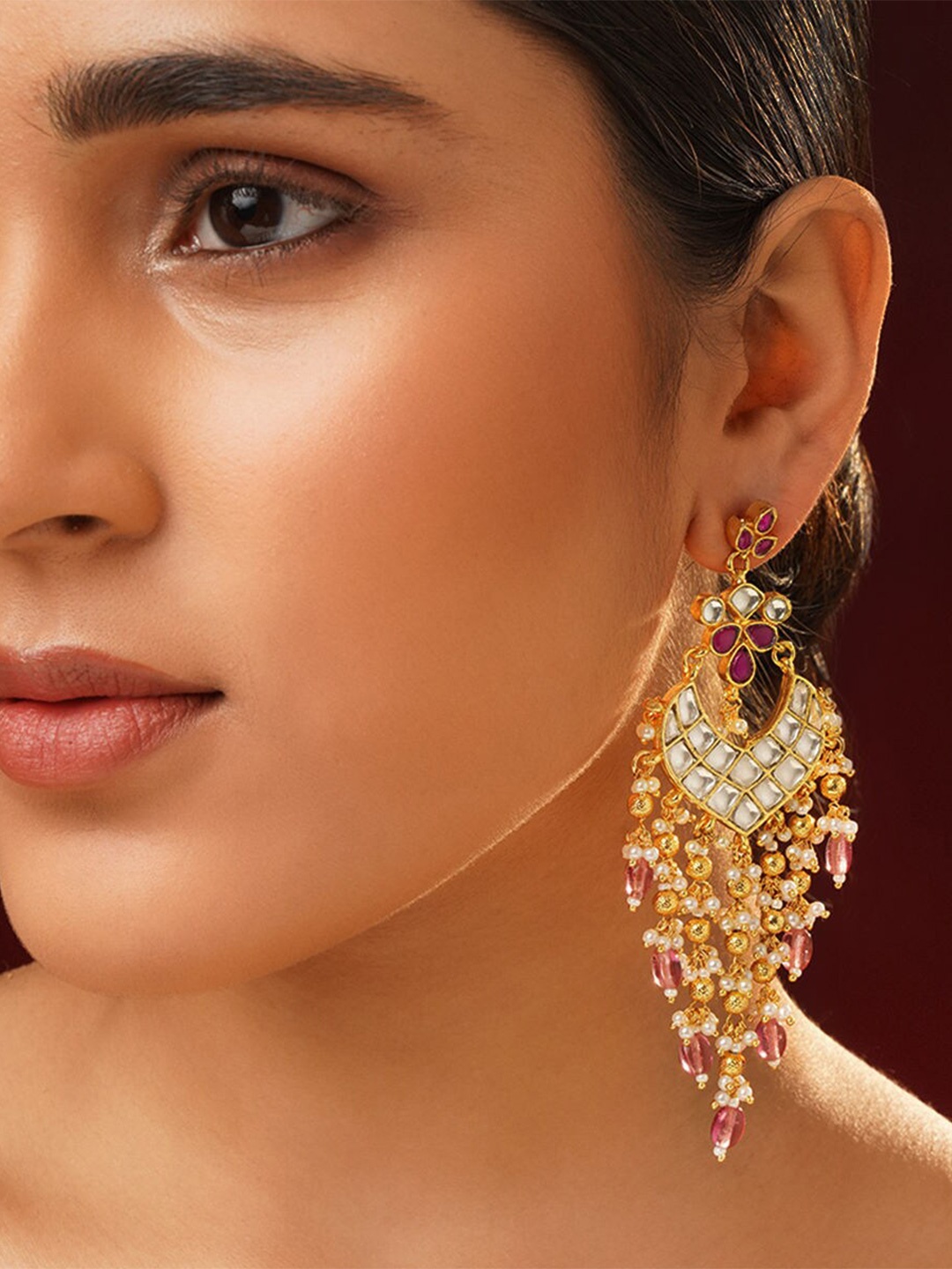 

JAYPORE Gold Plated Kundan Contemporary Drop Earrings