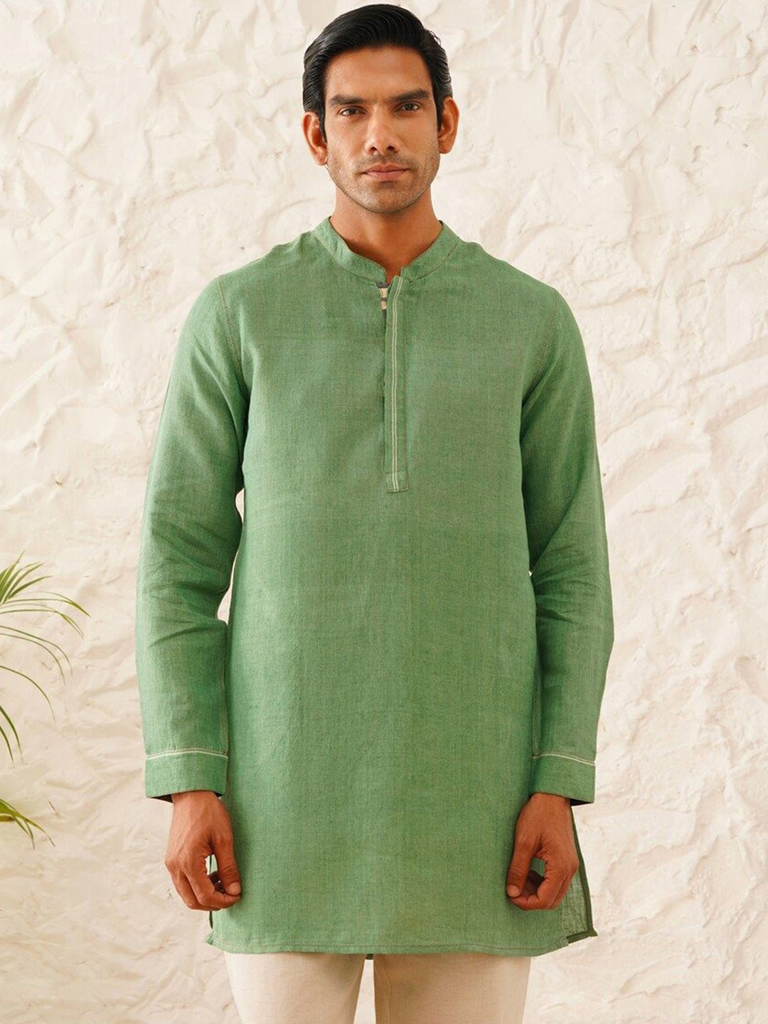 

JAYPORE Mandarin Collar Pure Cotton Straight Kurta, Green