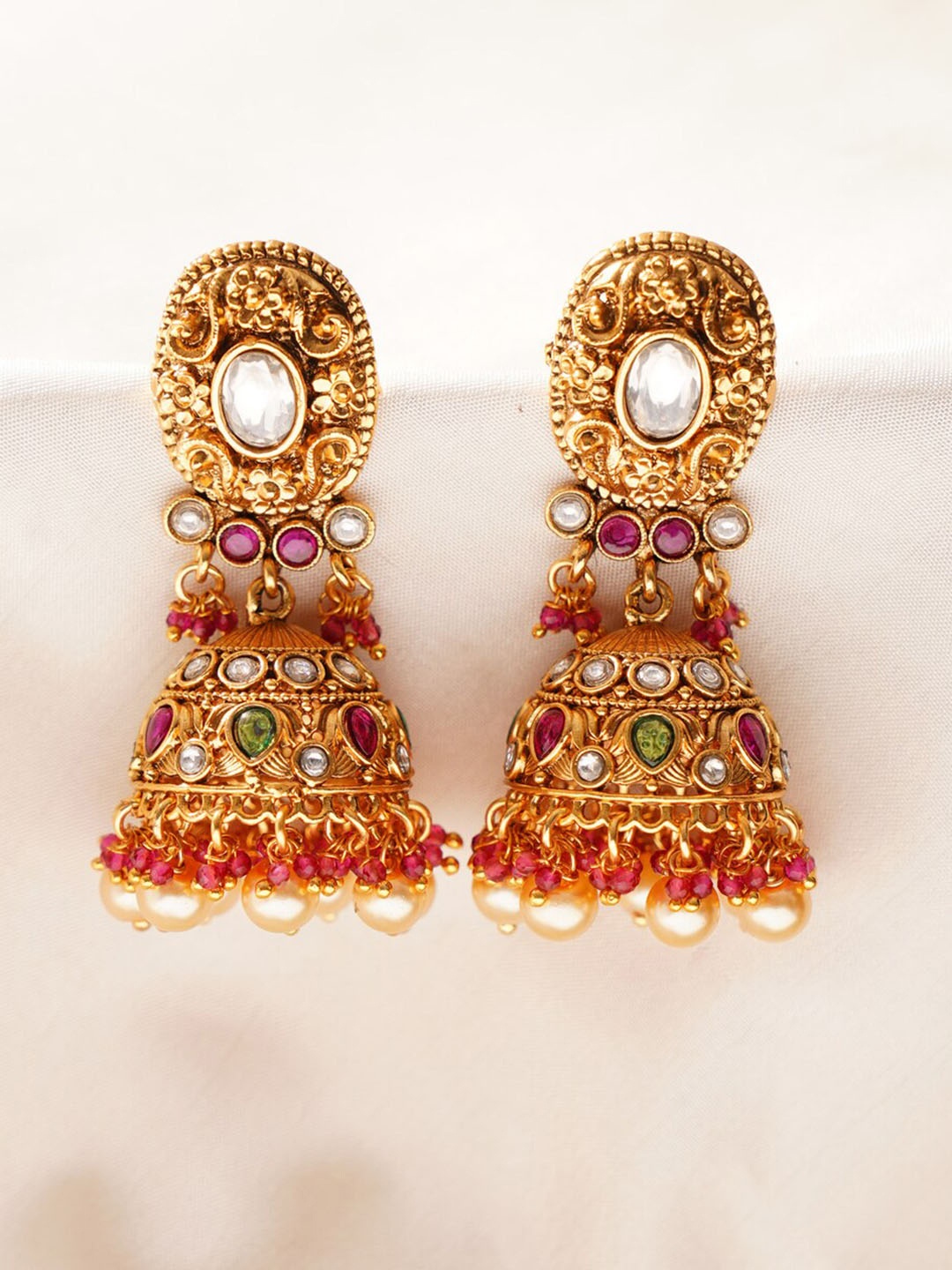 

JAYPORE Stone Studded & Beaded Dome Shaped Jhumkas, Gold