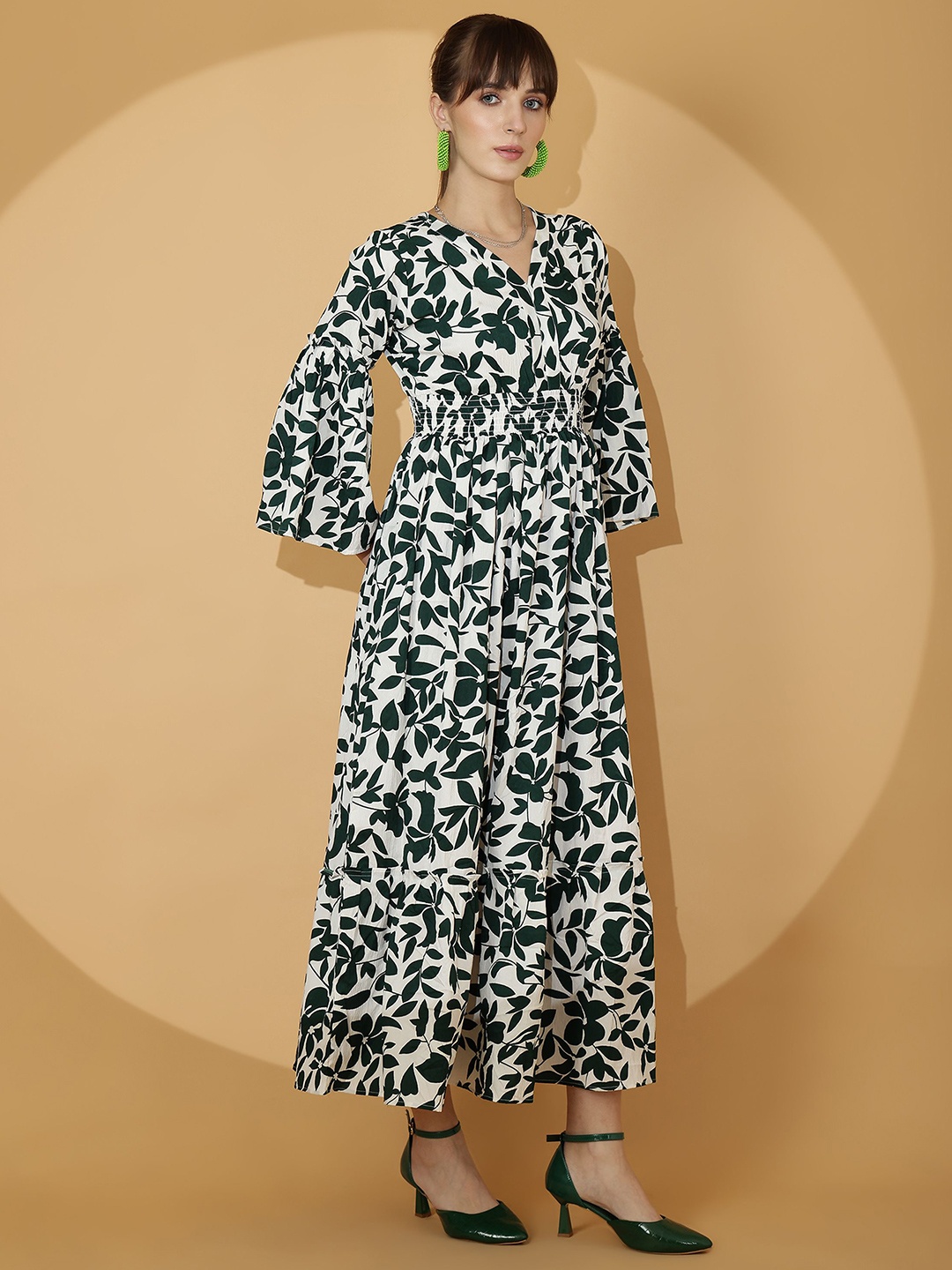 

SHEETAL Associates Women Floral Printed V-Neck Bell Sleeve Fit & Flare Maxi Dress, Green