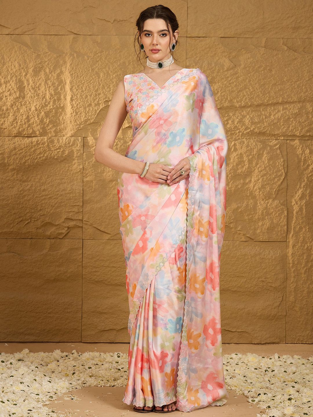 

Anouk Beads and Stones Satin Designer Saree with Matching Blouse, Pink