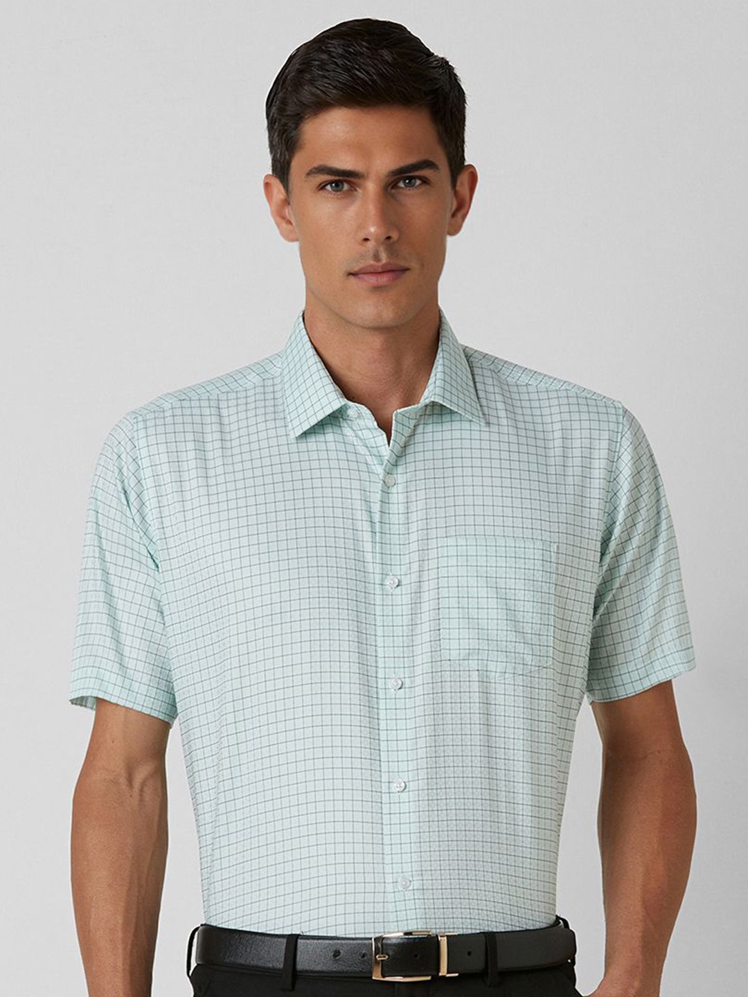 

Van Heusen Men Cutaway Collar Checked Cotton Formal Shirt, White