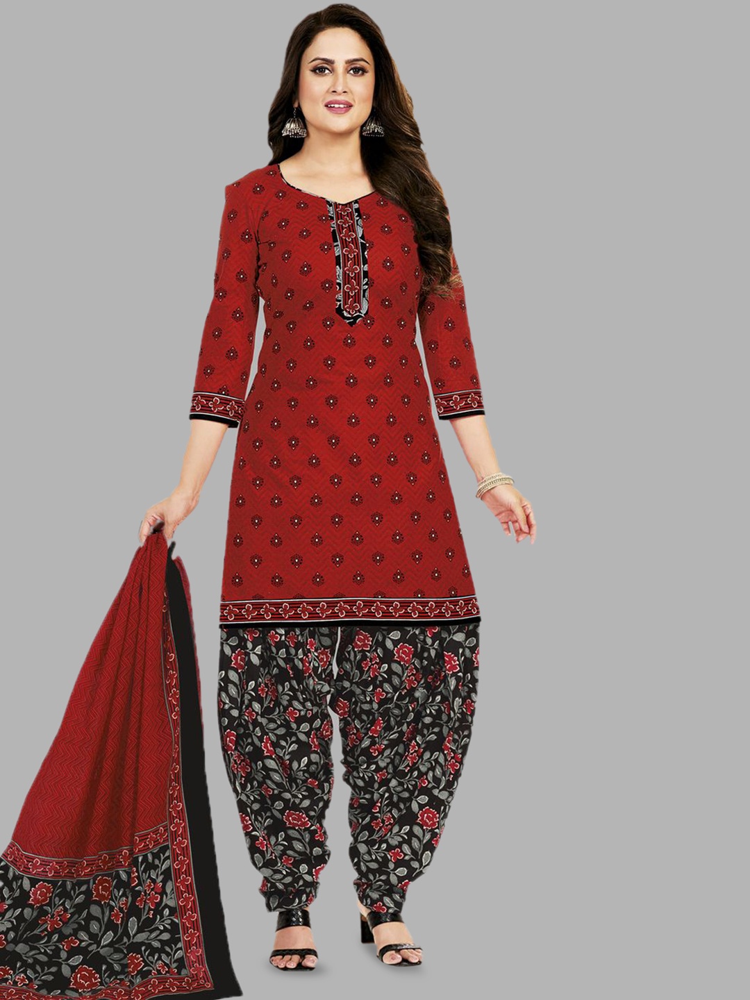 

MIRAAN Floral Printed Pure Cotton Unstitched Dress Material, Red