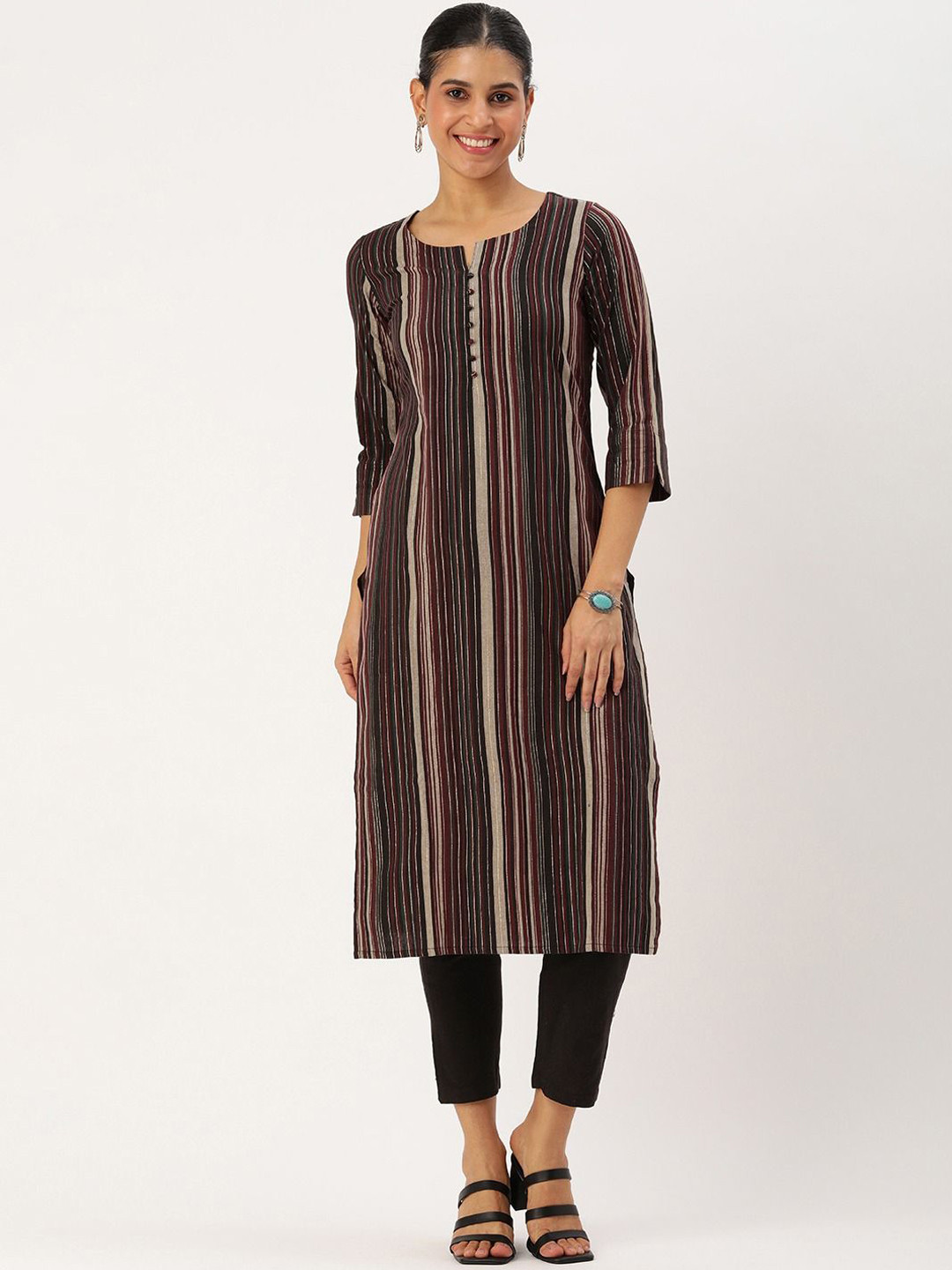 

KALINI Striped Straight Kurta with Trousers, Maroon