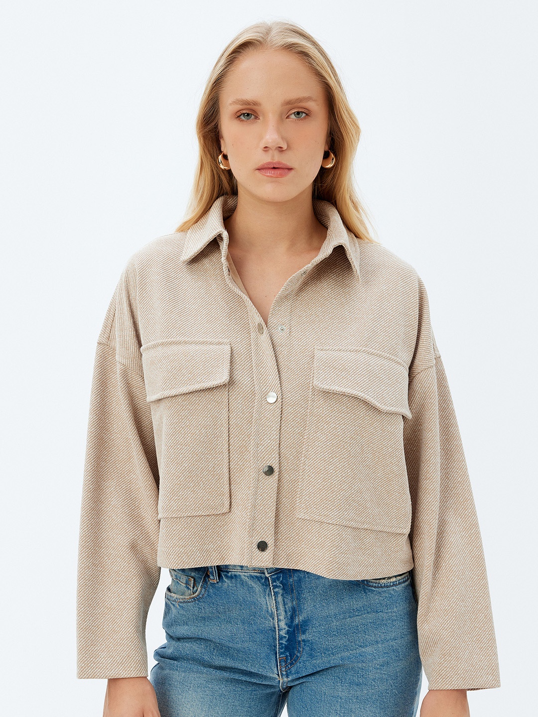 

Koton Women Spread Collar Solid Casual Tailored Jacket, Beige