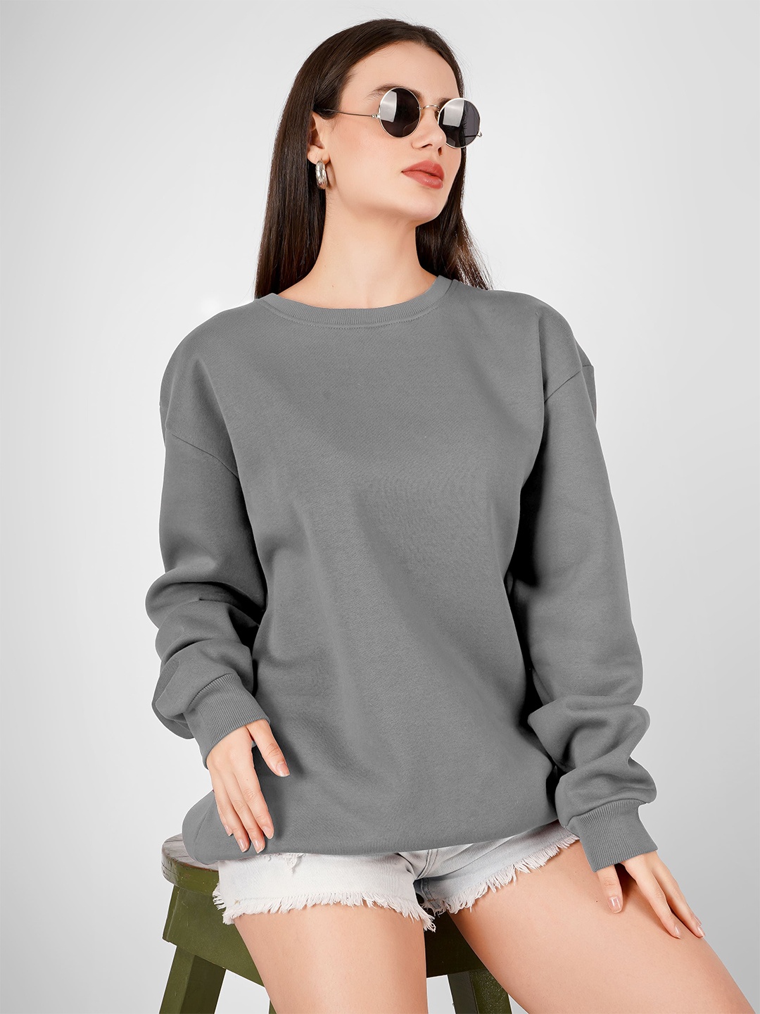 

MIMID Women Round Neck Relaxed Fit Pure Cotton Sweatshirt, Grey