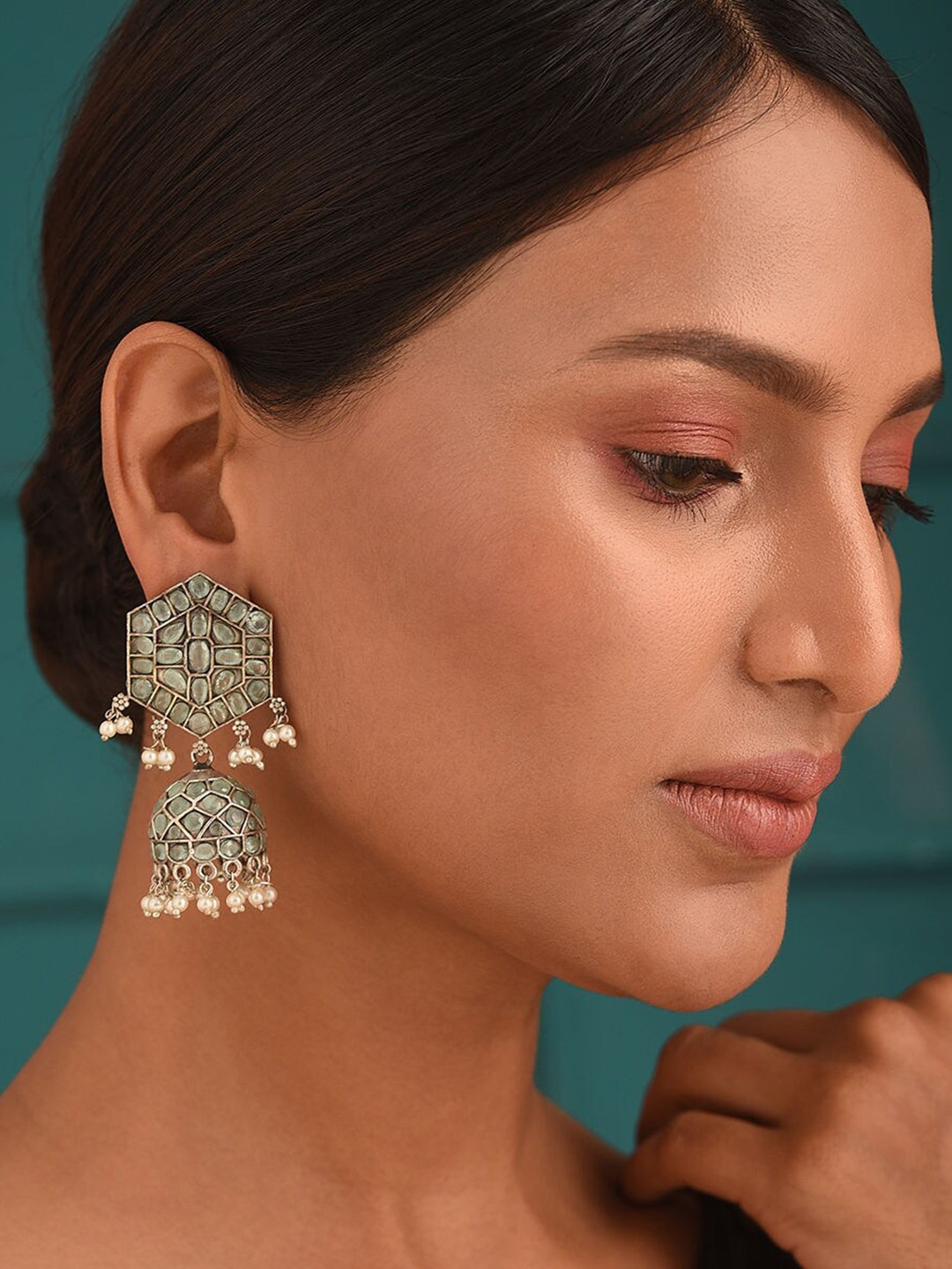 

JAYPORE Contemporary Stone Stud Drop Earrings, Silver