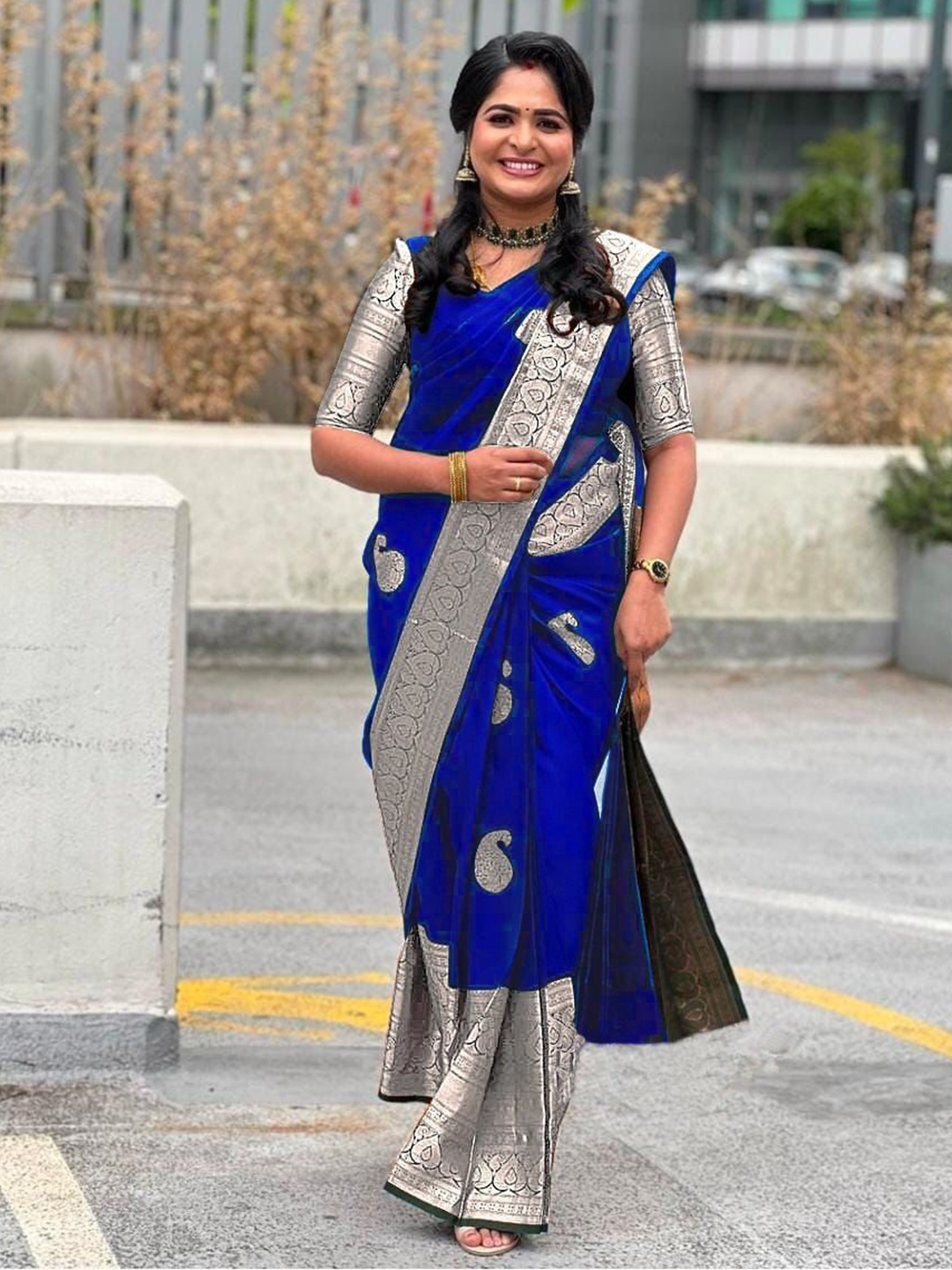 

MAHALASA Woven Design Zari Kanjeevaram Saree with Unstitched Blouse, Blue