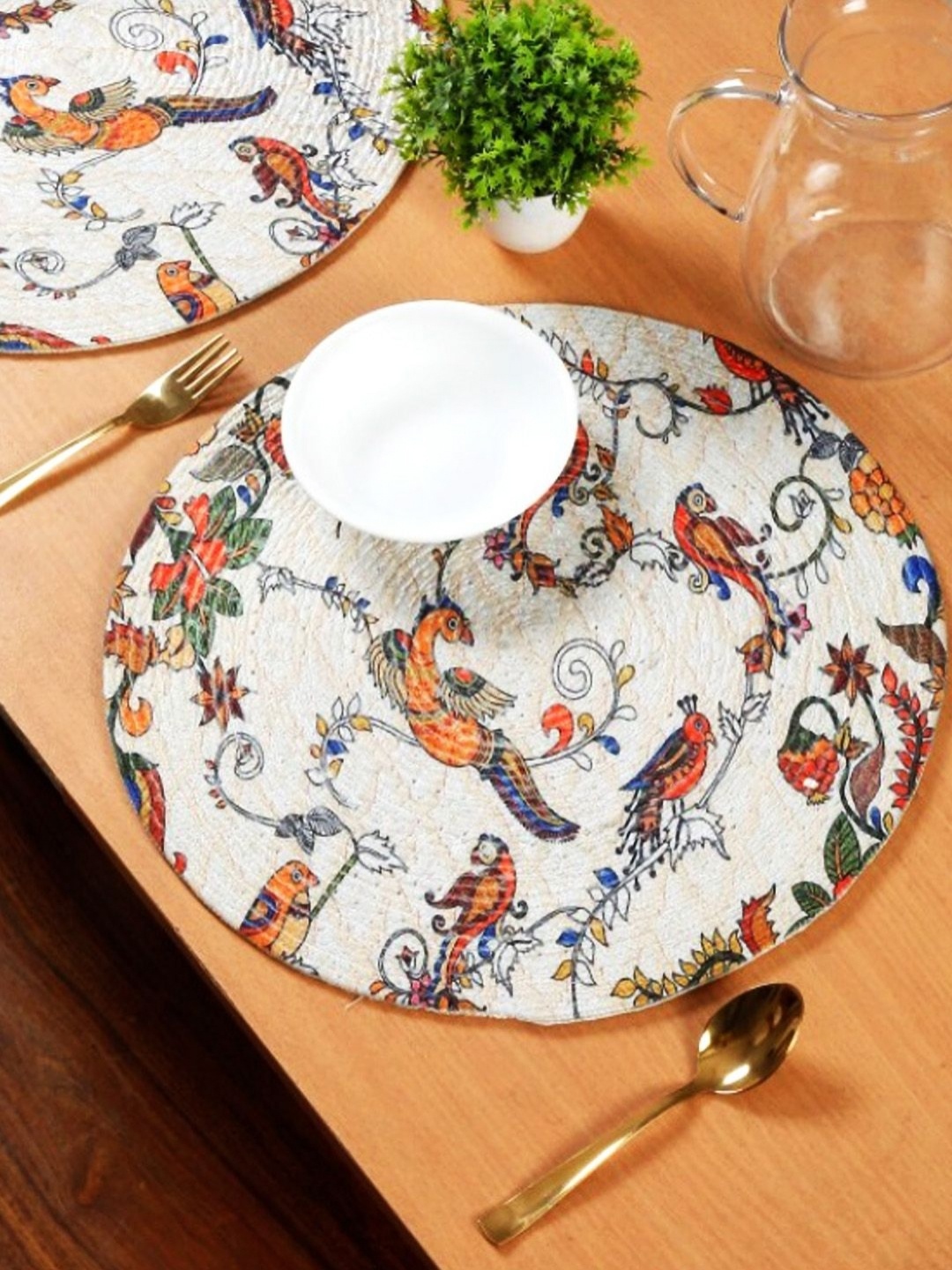 

ANA 8Pcs White & Orange-Colored Floral Printed Round Table Placemats