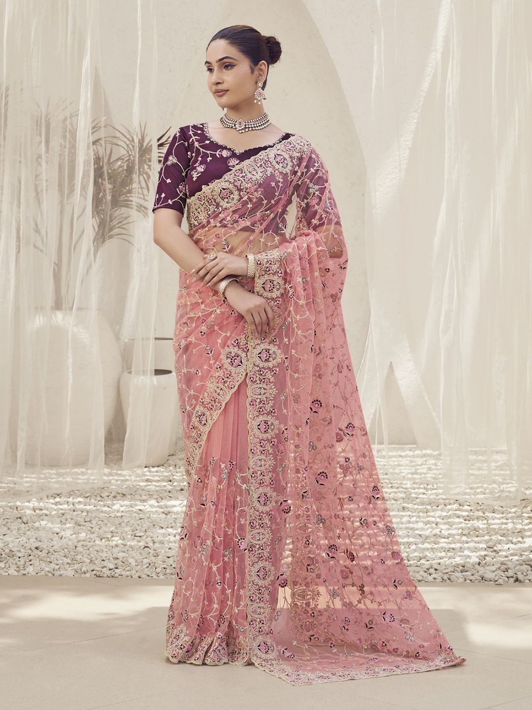 

ODETTE Embroidered Net Saree, Pink