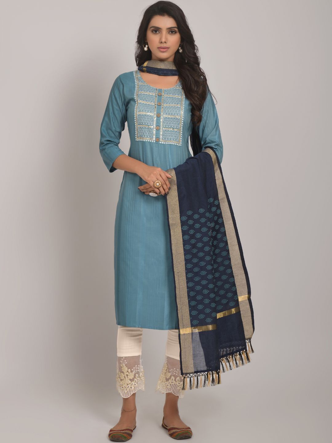 

NIJANAND TEXTILE Floral Yoke Design Sequinned Straight Kurta With Trousers & Dupatta, Blue
