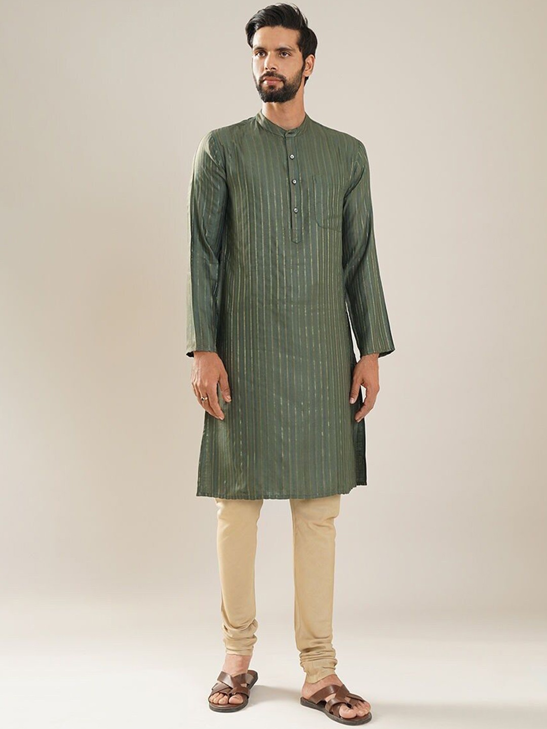 

JAYPORE Striped Woven Design Mandarin Collar Straight Kurta, Olive