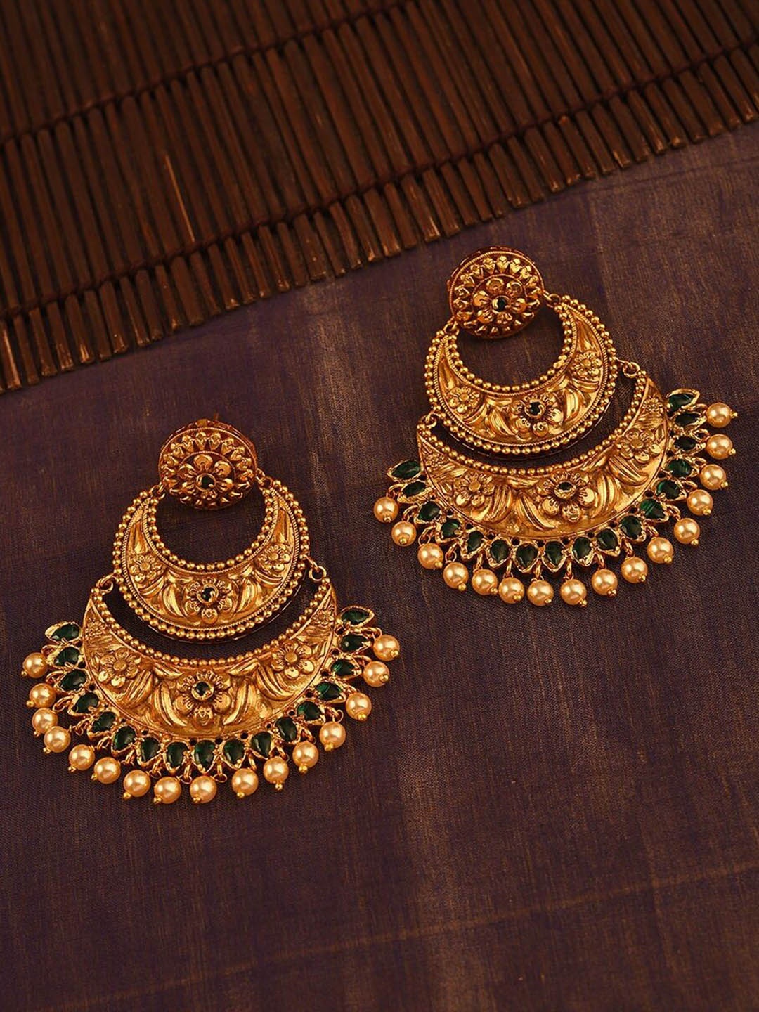 

JAYPORE Gold-Plated Stone Studded & Beaded Contemporary Chandbalis