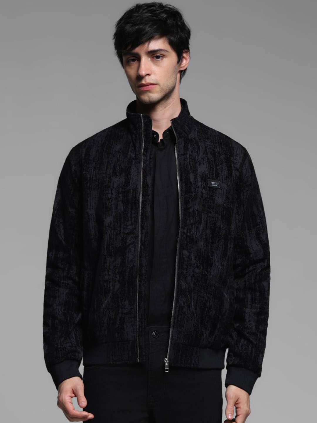 

Jack & Jones Men Mock Collar Abstract Printed Casual Open Front Jacket, Black