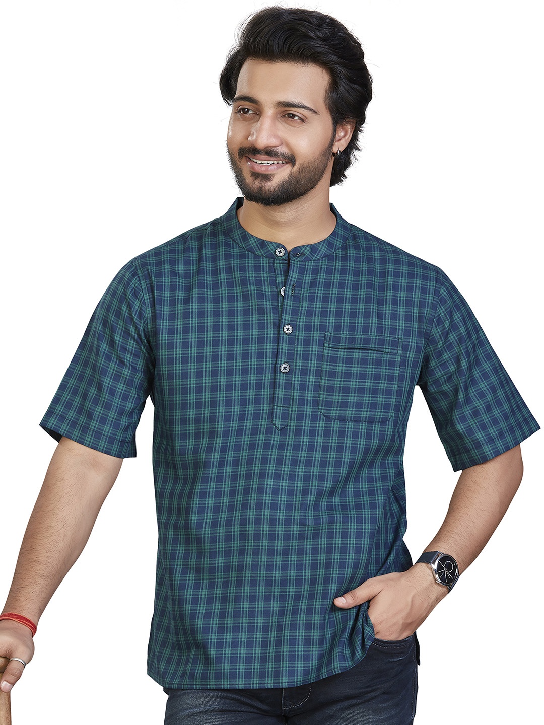 

Authentics Checked Band Collar Pure Cotton Straight Short Kurta, Blue