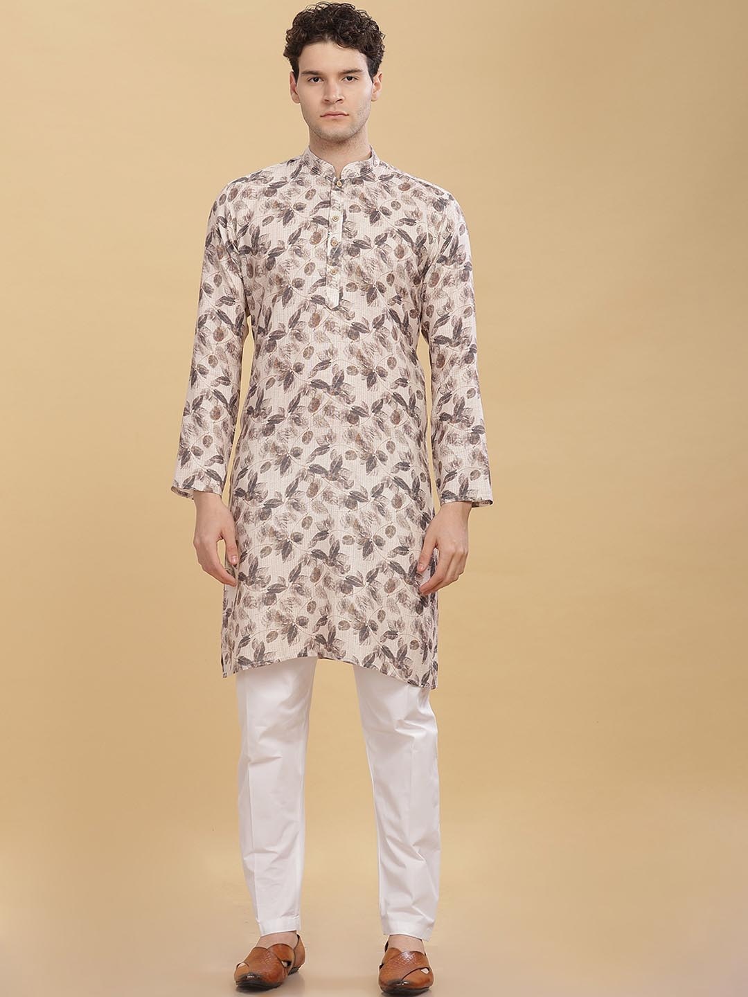 

Anouk Men Ethnic Motifs Printed Flared Sleeves Mirror Work Kurta, Beige