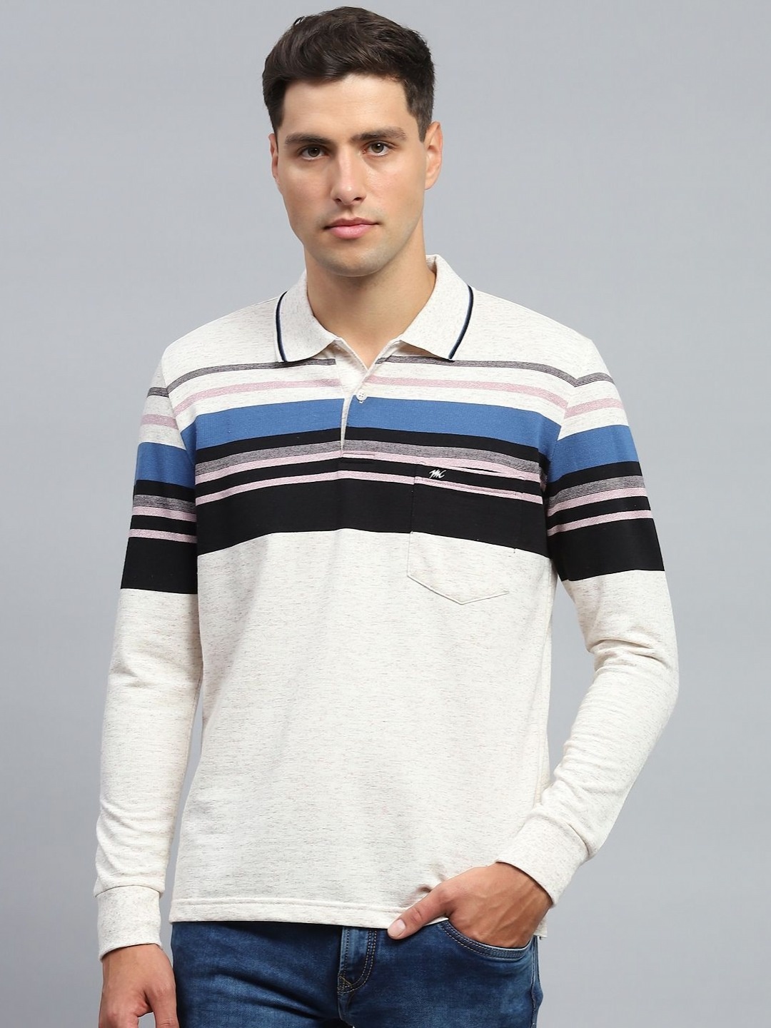 

Monte Carlo Men Striped Polo Collar Cotton T-shirt, Beige