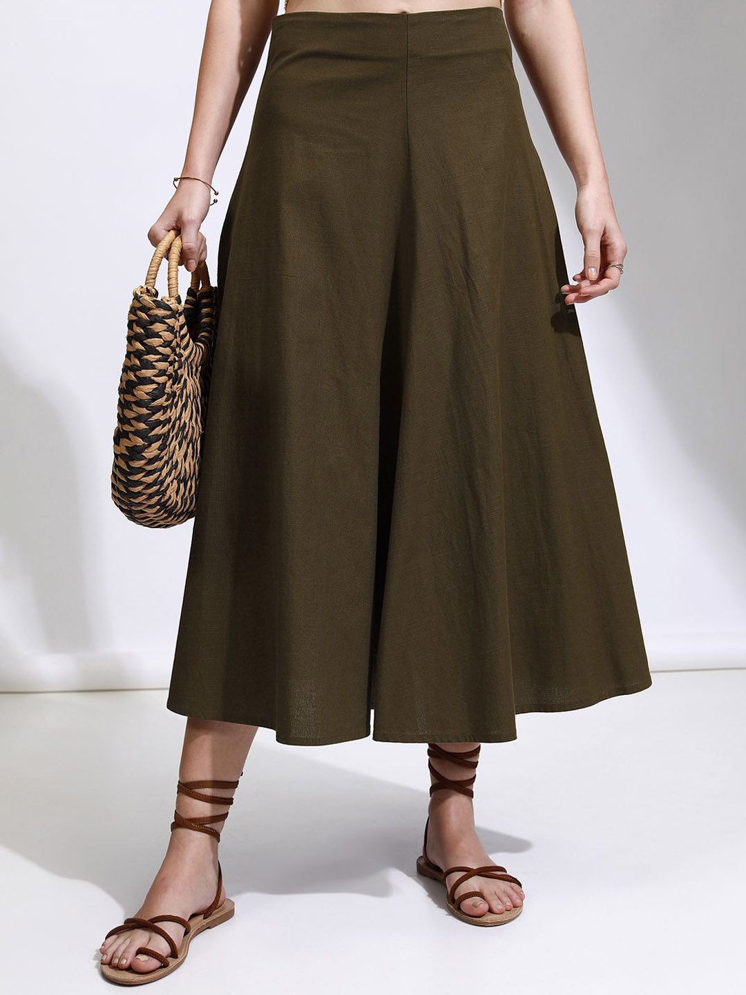 

Tokyo Talkies Women A-Line Flared Midi Skirt, Brown