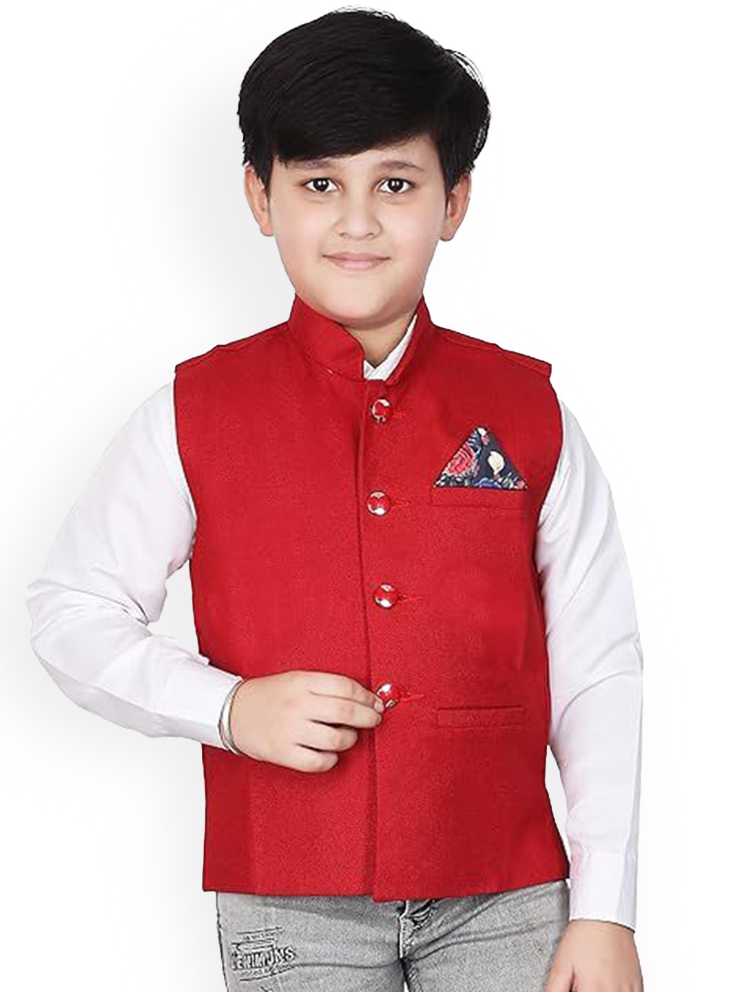 

Eliq Boys Mandarin Collar Corduroy Nehru Jacket, Red