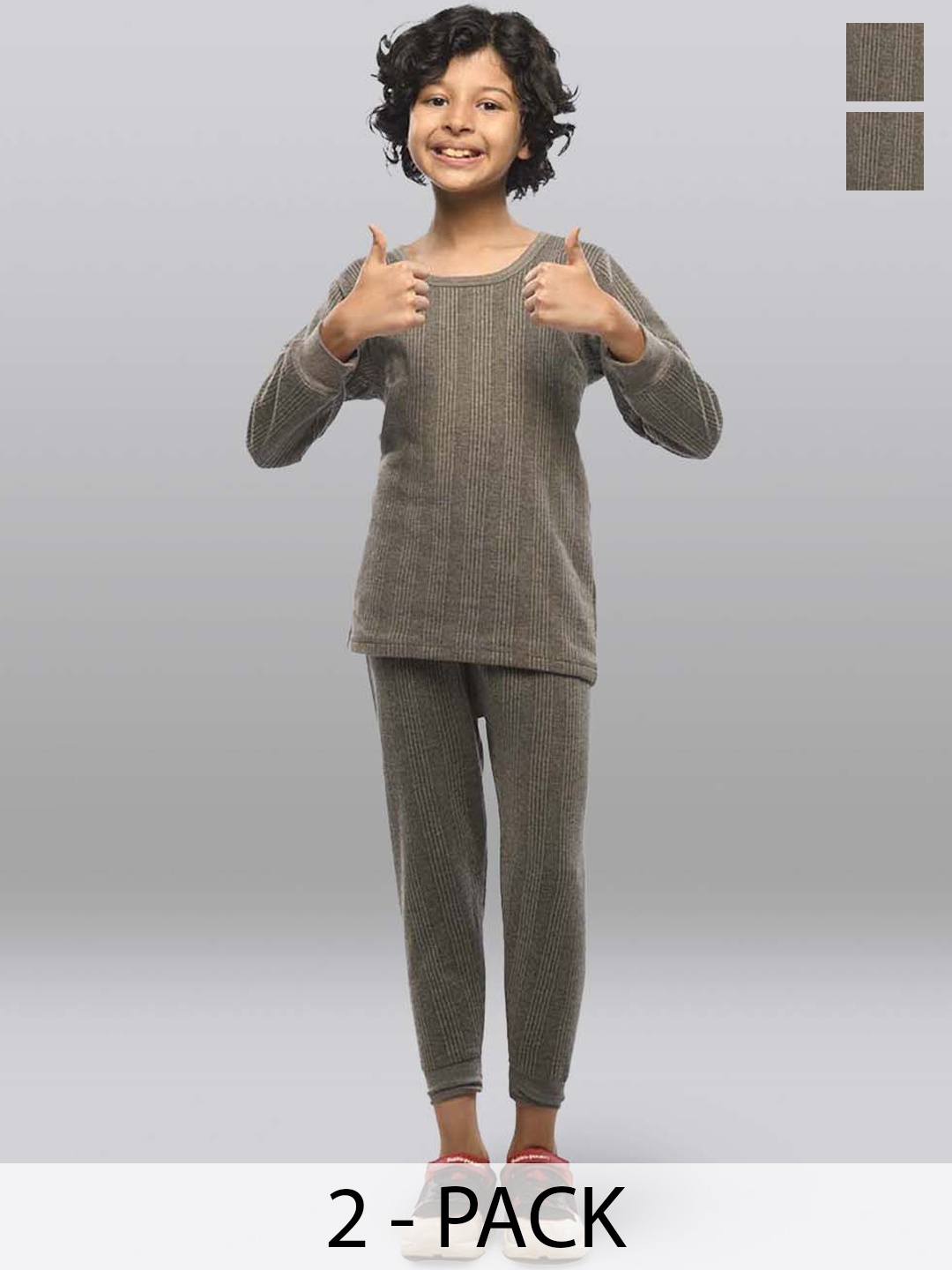 

INFERNO Kids-Unisex Pack Of 2 Striped Cotton Thermal Set, Grey
